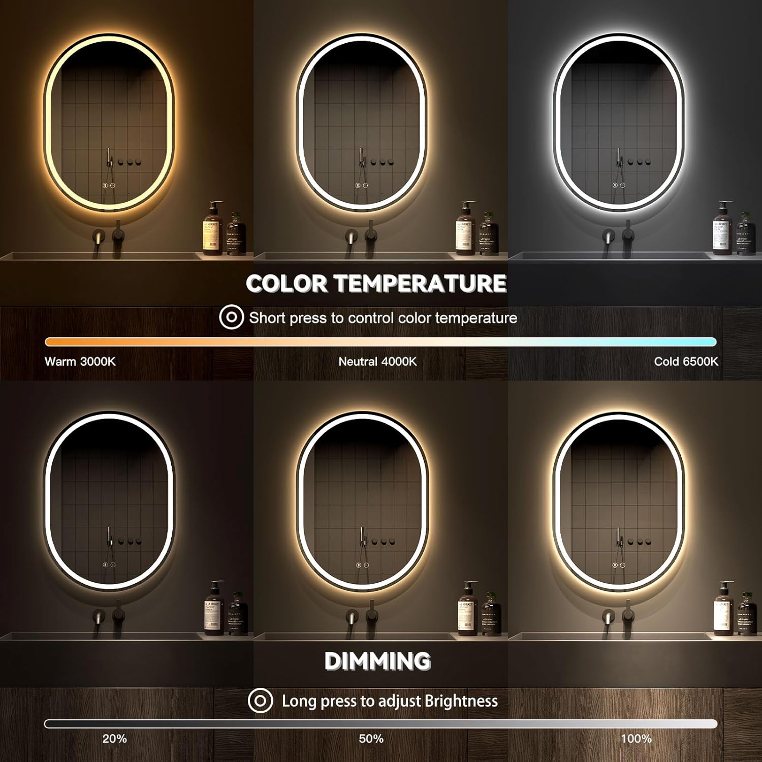 Bluetooth LED Bathroom Mirror Oval Backlit Dimmable Anti-fog 50 x 70 cm Dripex