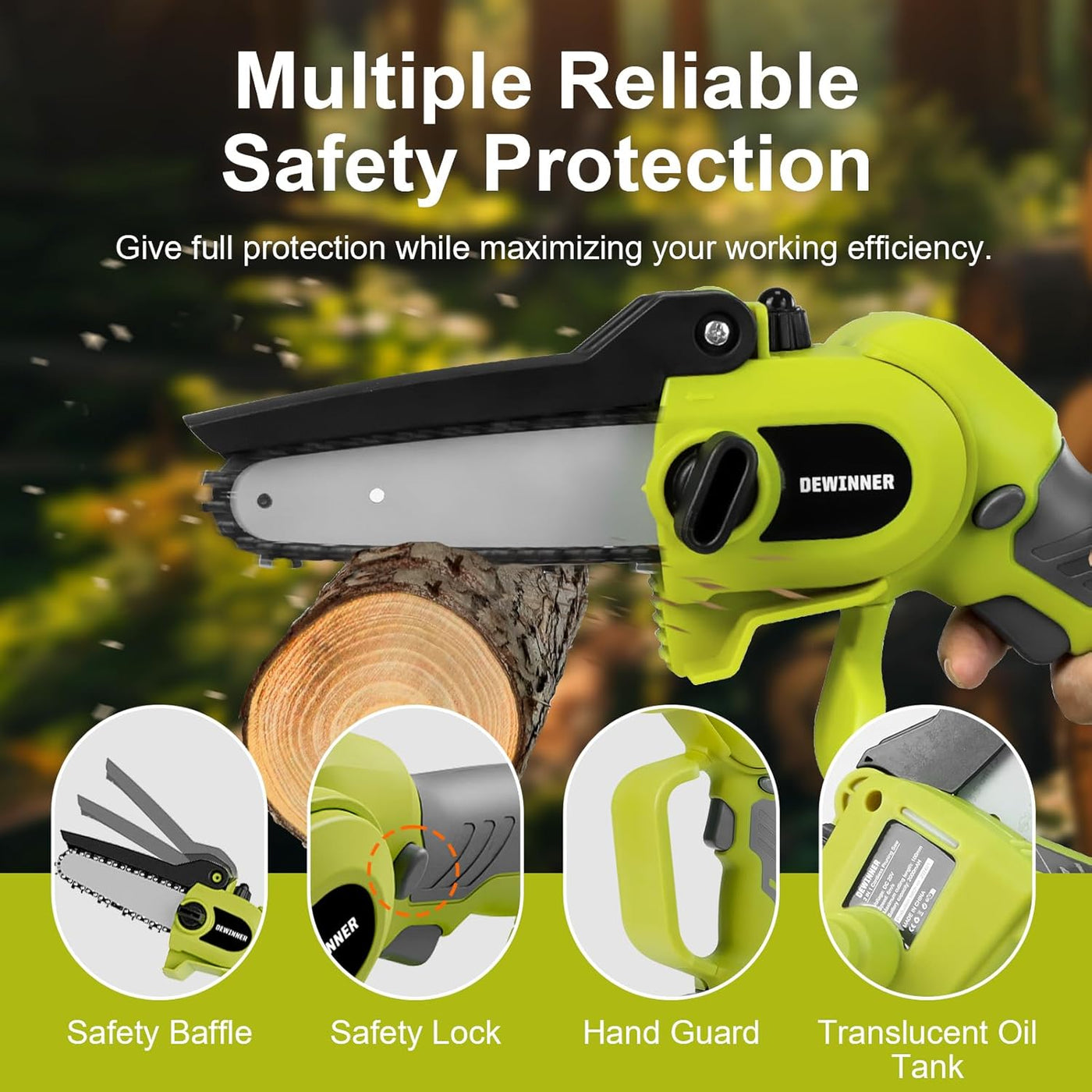 Green chainsaw with safety features and text about reliability and protection.