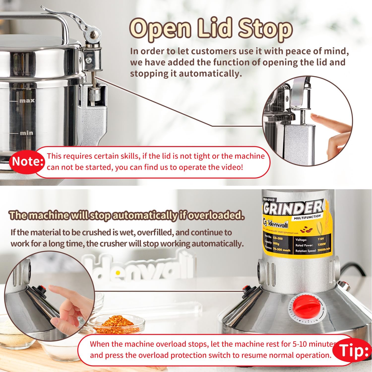 Electric Grain Grinder 300g Herb & Spice Mill with Safety Stop 220V CGOLDENWALL