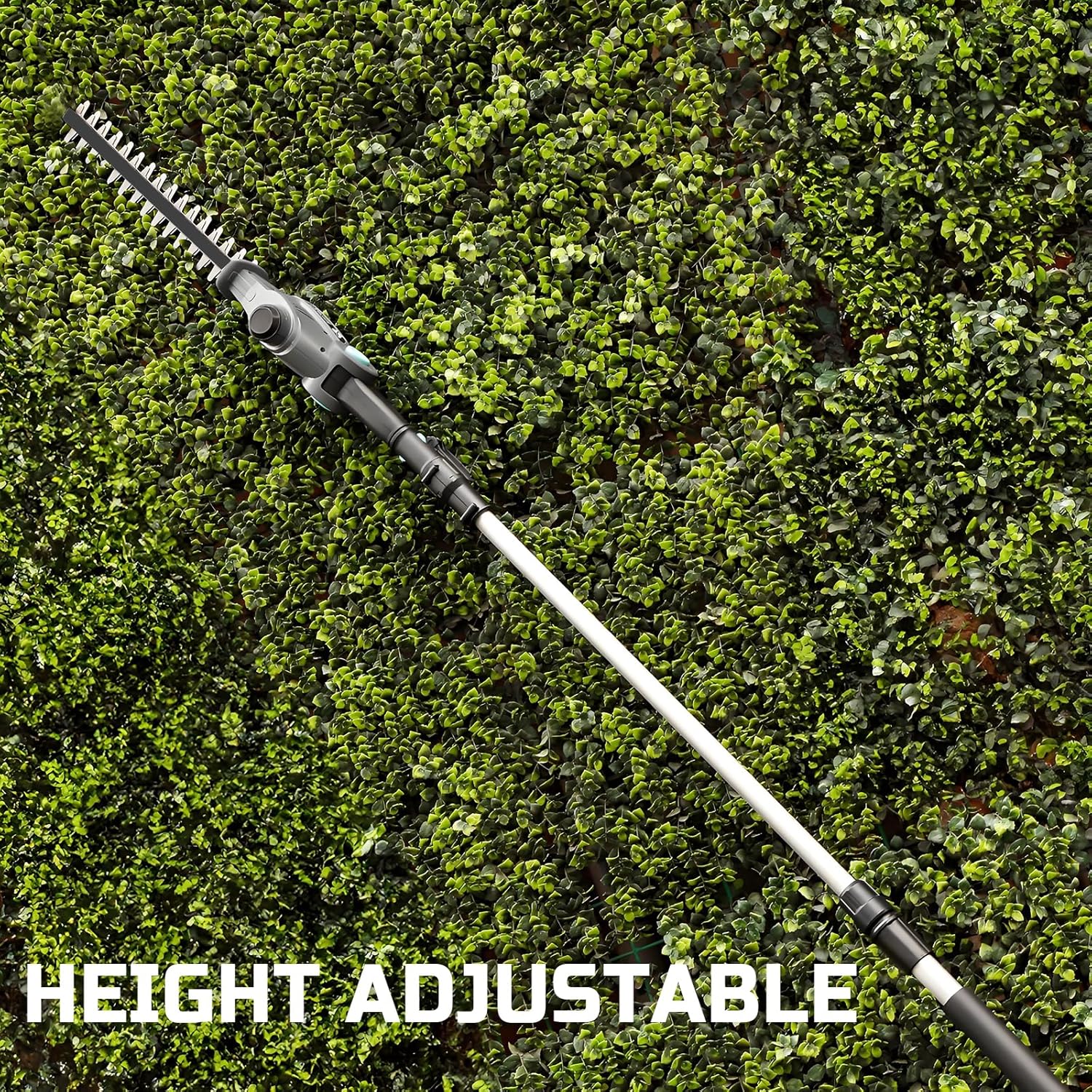 Height adjustable hedge trimmer on a green hedge with 'HEIGHT ADJUSTABLE' text.