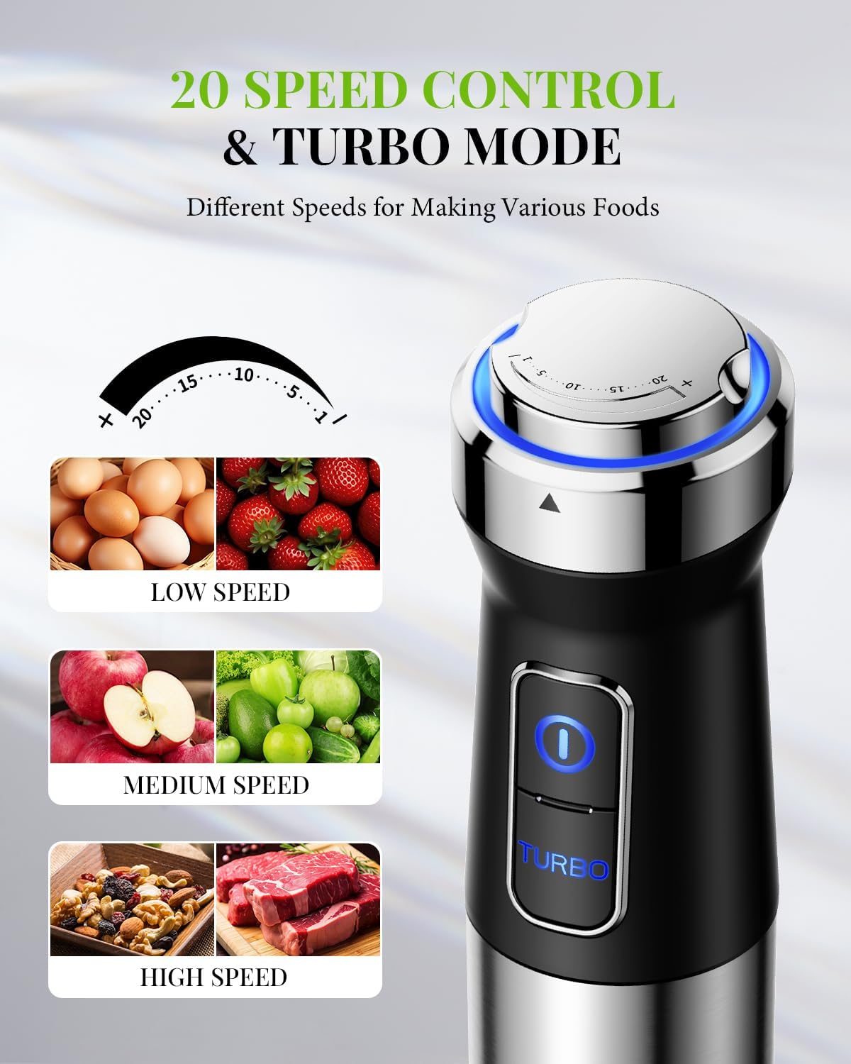 Black and silver kitchen blender with speed control dial on a white background