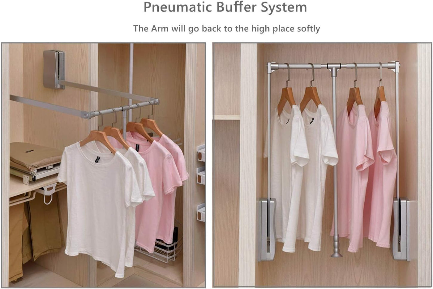 Clothing rack with hangers holding shirts in a closet setting, featuring a pneumatic buffer system.