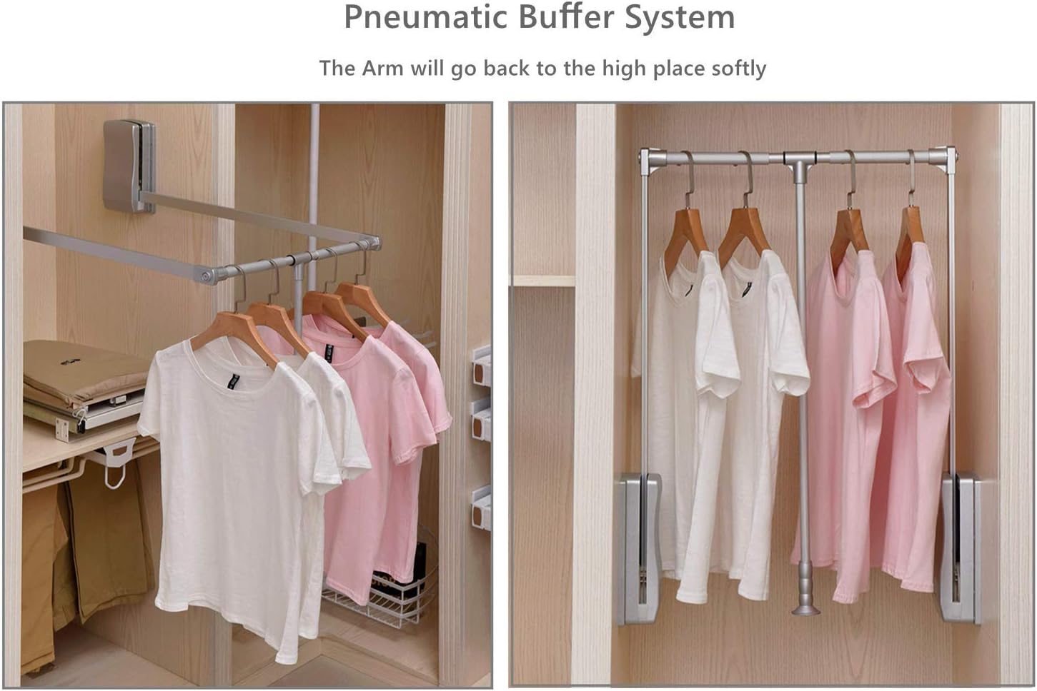 Clothing rack with hangers holding shirts in a closet setting, featuring a pneumatic buffer system.