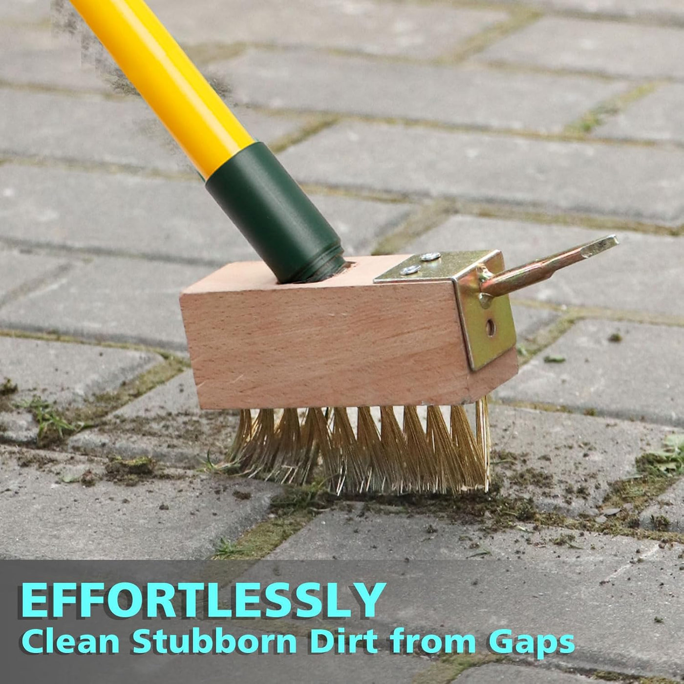 Cleaning tool with bristles on a pavement background with text 'EFFORTLESSLY Clean Stubborn Dirt from Gaps'.