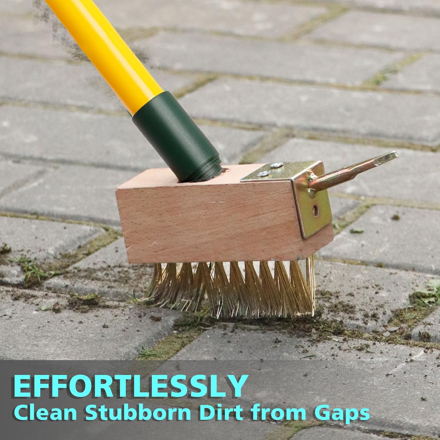 Cleaning tool with bristles on a pavement background with text 'EFFORTLESSLY Clean Stubborn Dirt from Gaps'.