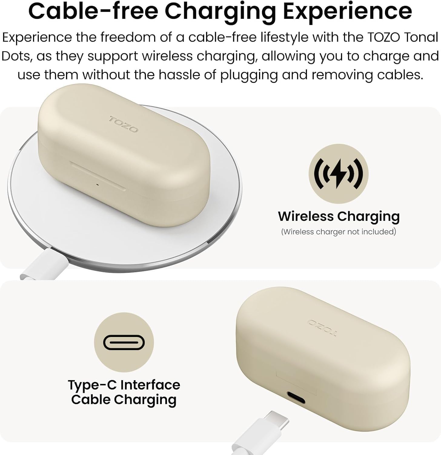 TOZO Tonal Dots wireless charging case with text explaining cable-free charging experience.