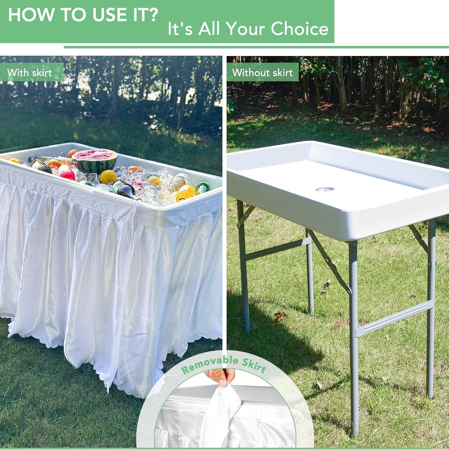White folding table with and without a skirt on grassy area