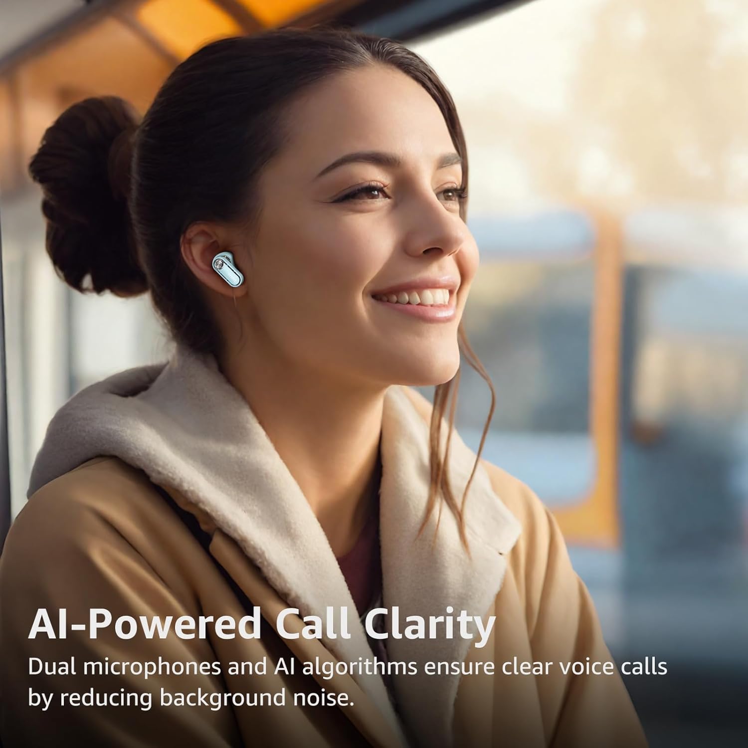 Woman wearing wireless earbuds with text about AI-powered call clarity.