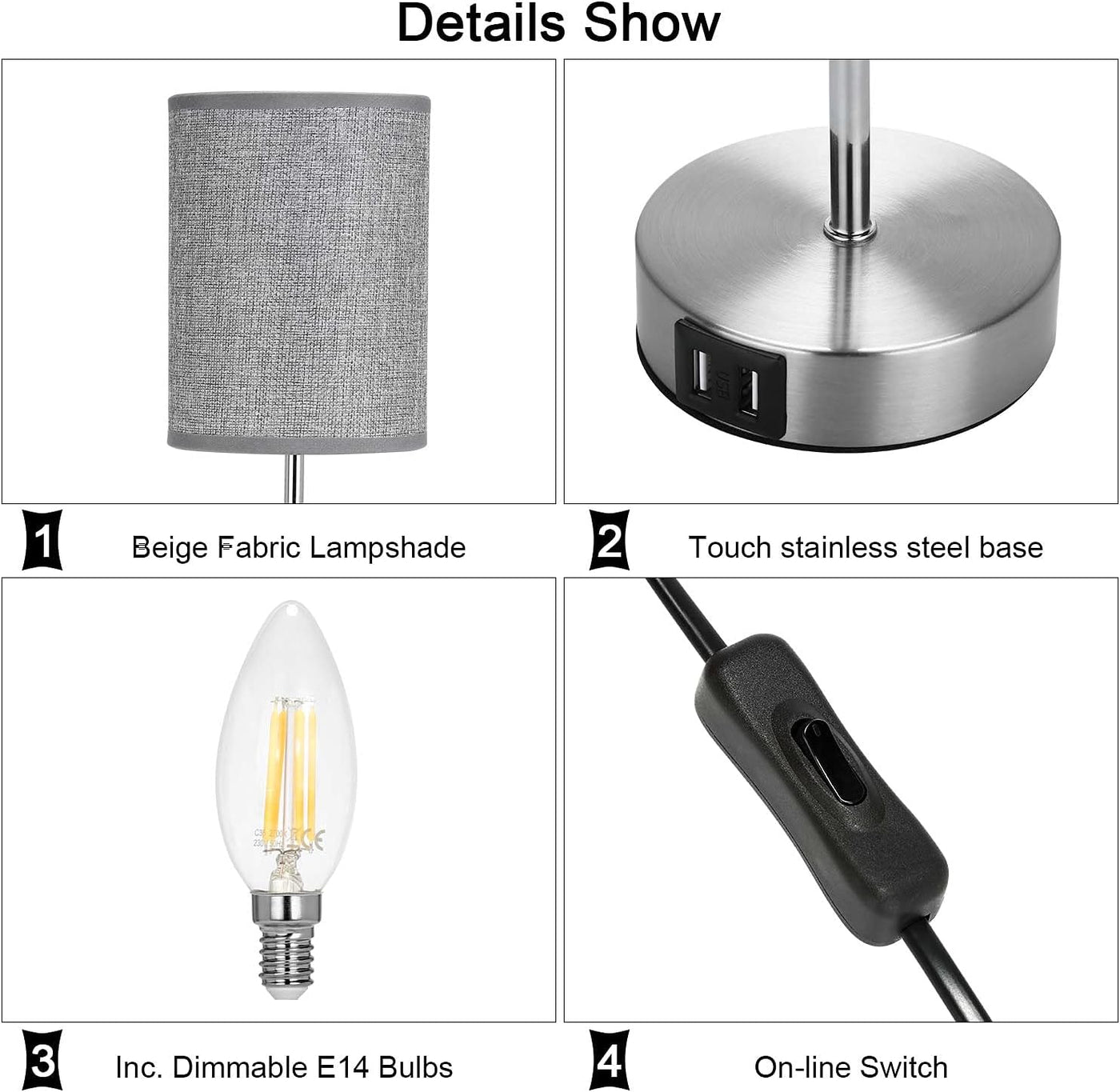 Collage of lamp components including a beige fabric lampshade, touch stainless steel base, incandescent bulb, and on-line switch.