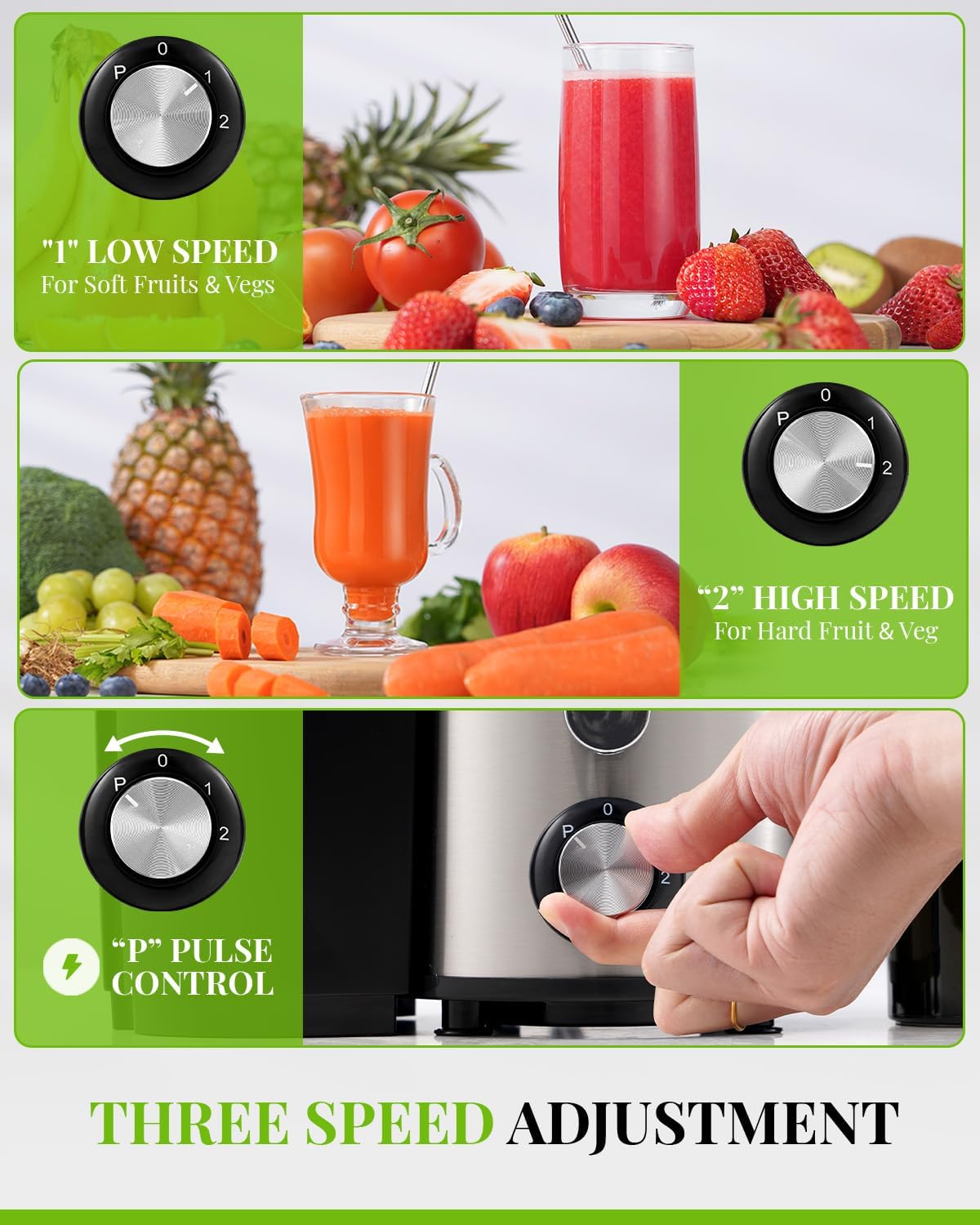 Blender with speed control settings shown alongside fruits and vegetables, emphasizing its functionality.