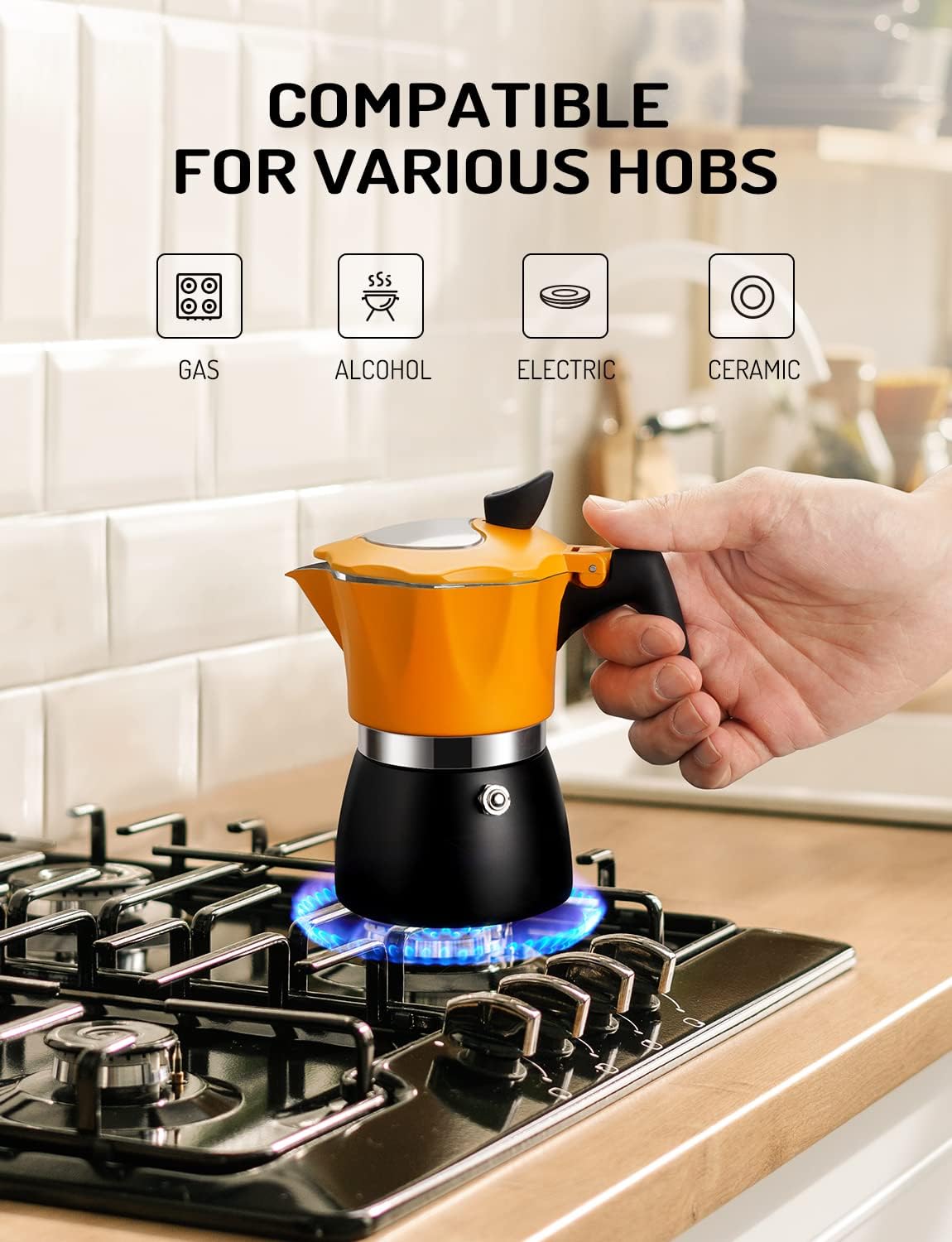 Stovetop Coffee Maker Italian Espresso Moka Pot Transparent Lid Orange TWOMEOW