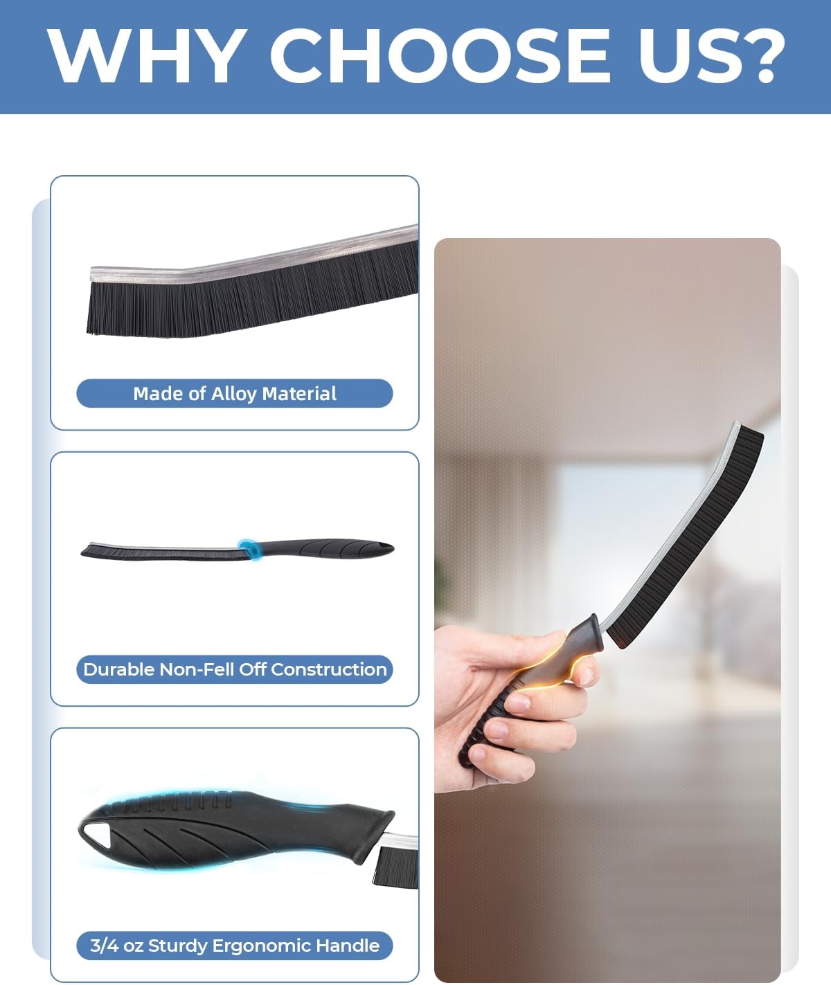 Cleaning tool with features highlighted on a blue background