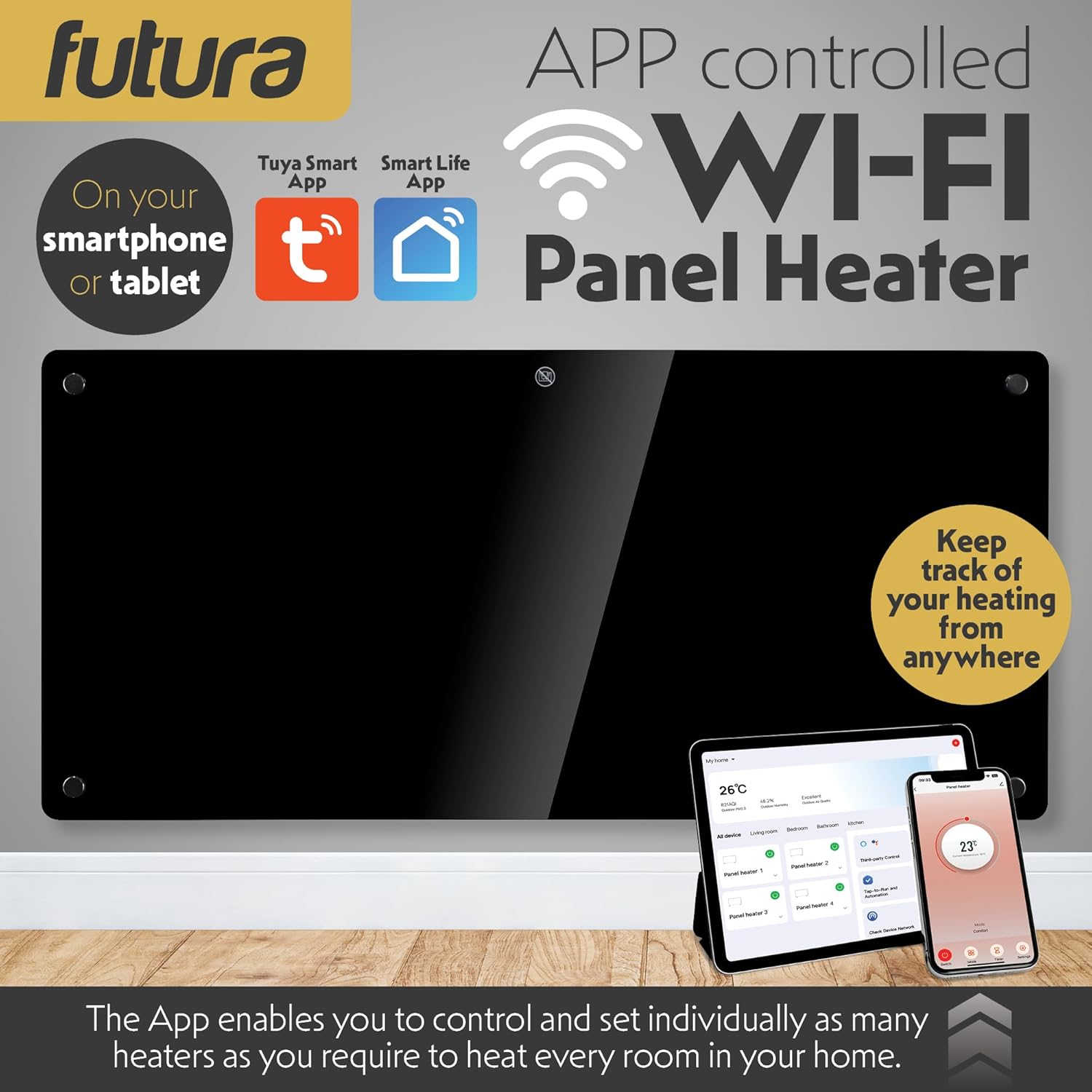 Futura app-controlled Wi-Fi panel heater with smartphone and tablet display on a wooden surface.