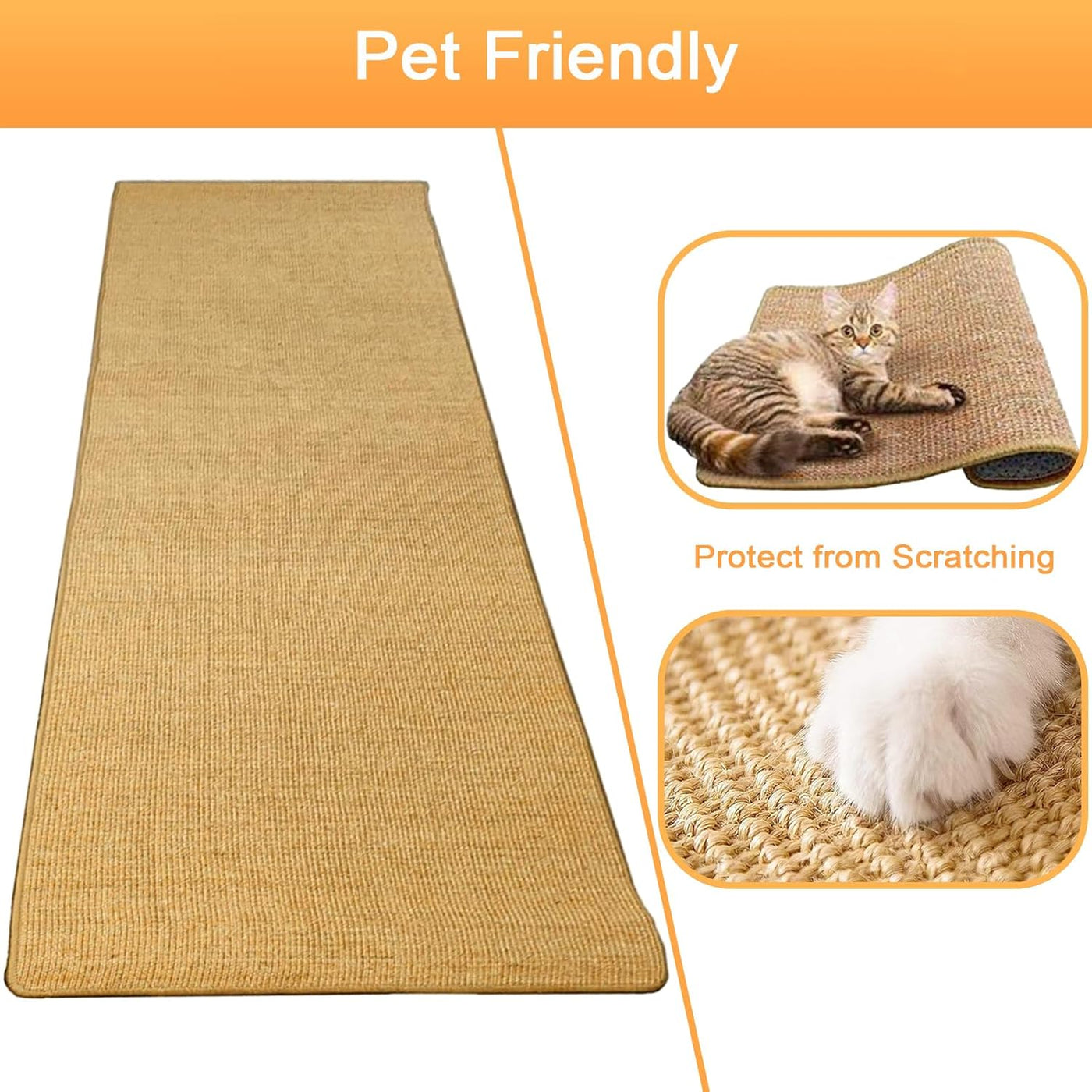 Pet-friendly sisal mat with images of cats using it, labeled 'Protect from Scratching'.