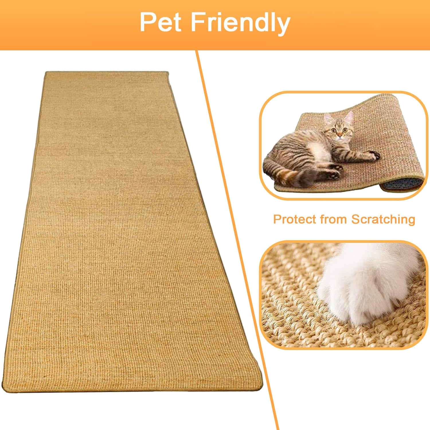 Pet-friendly sisal mat with images of cats using it, labeled 'Protect from Scratching'.