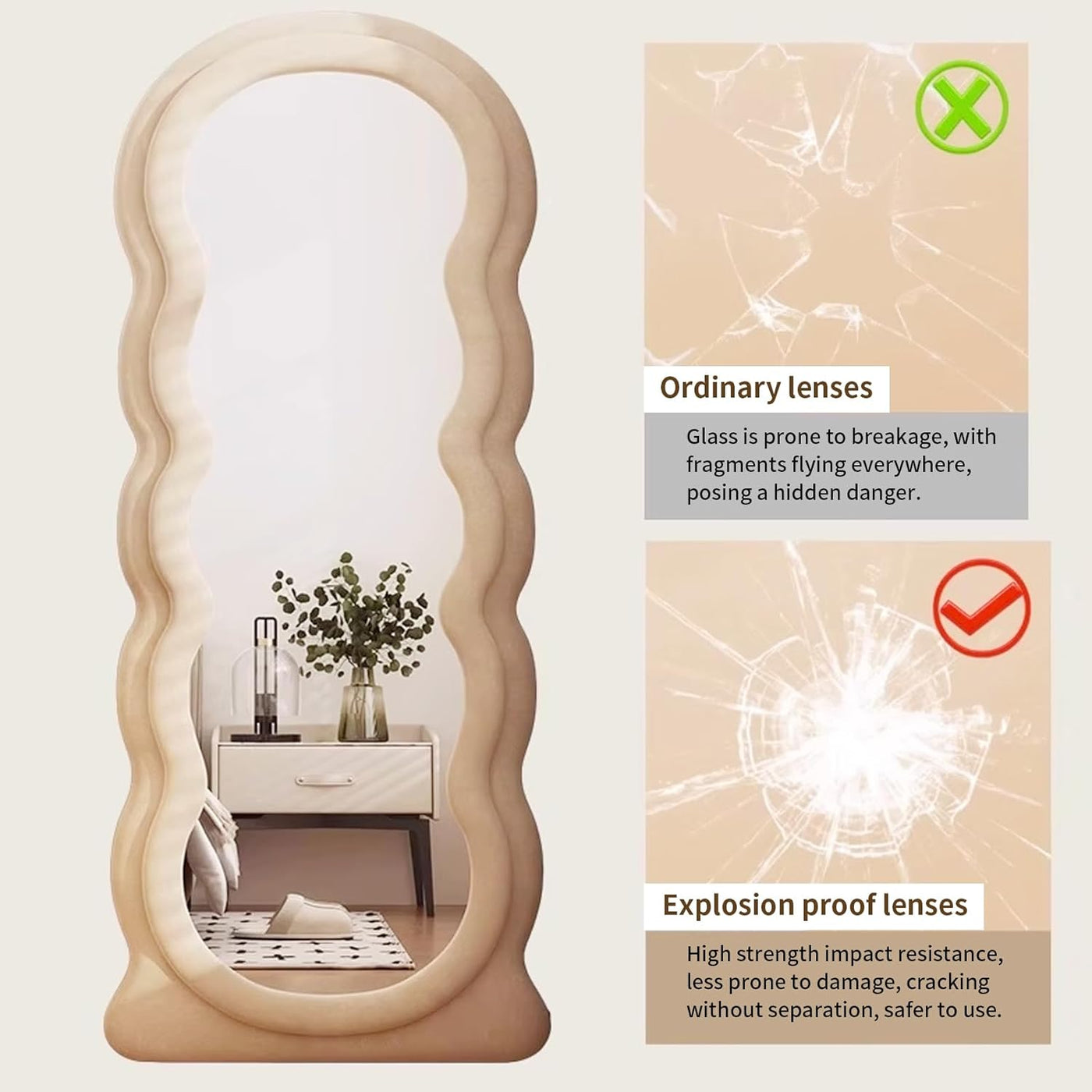 Decorative mirror with wavy design on a light background, featuring text about ordinary and explosion-proof lenses.
