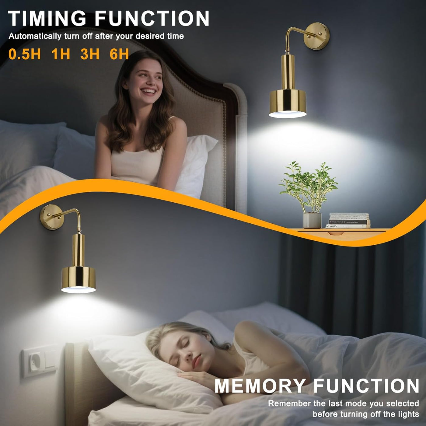 Woman in bed with a wall-mounted light fixture, highlighting timing and memory functions.