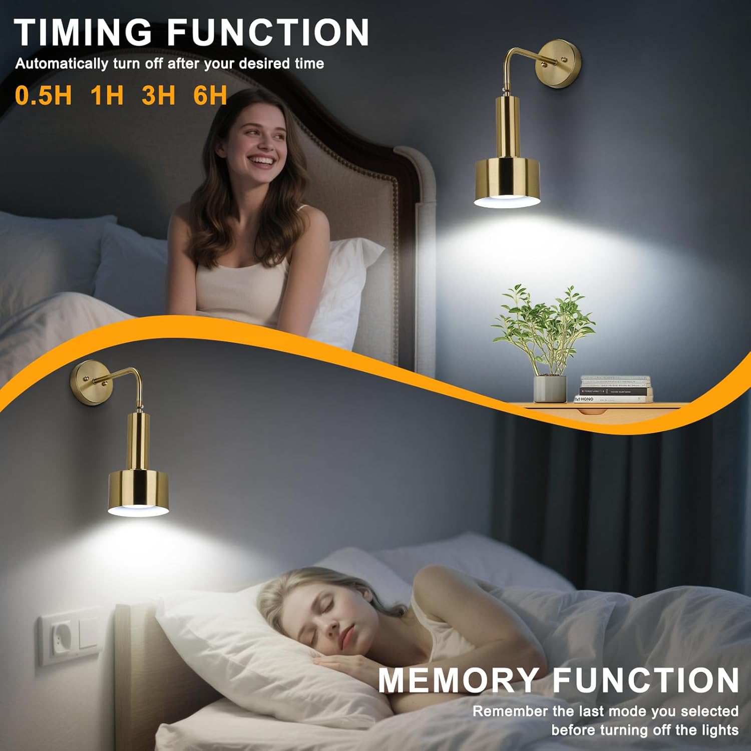 Woman in bed with a wall-mounted light fixture, highlighting timing and memory functions.