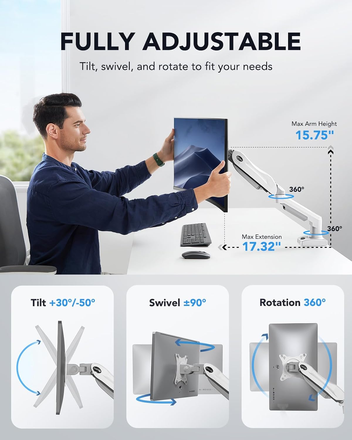 Fully adjustable monitor stand with a man using it, showing features like tilt, swivel, and rotation.