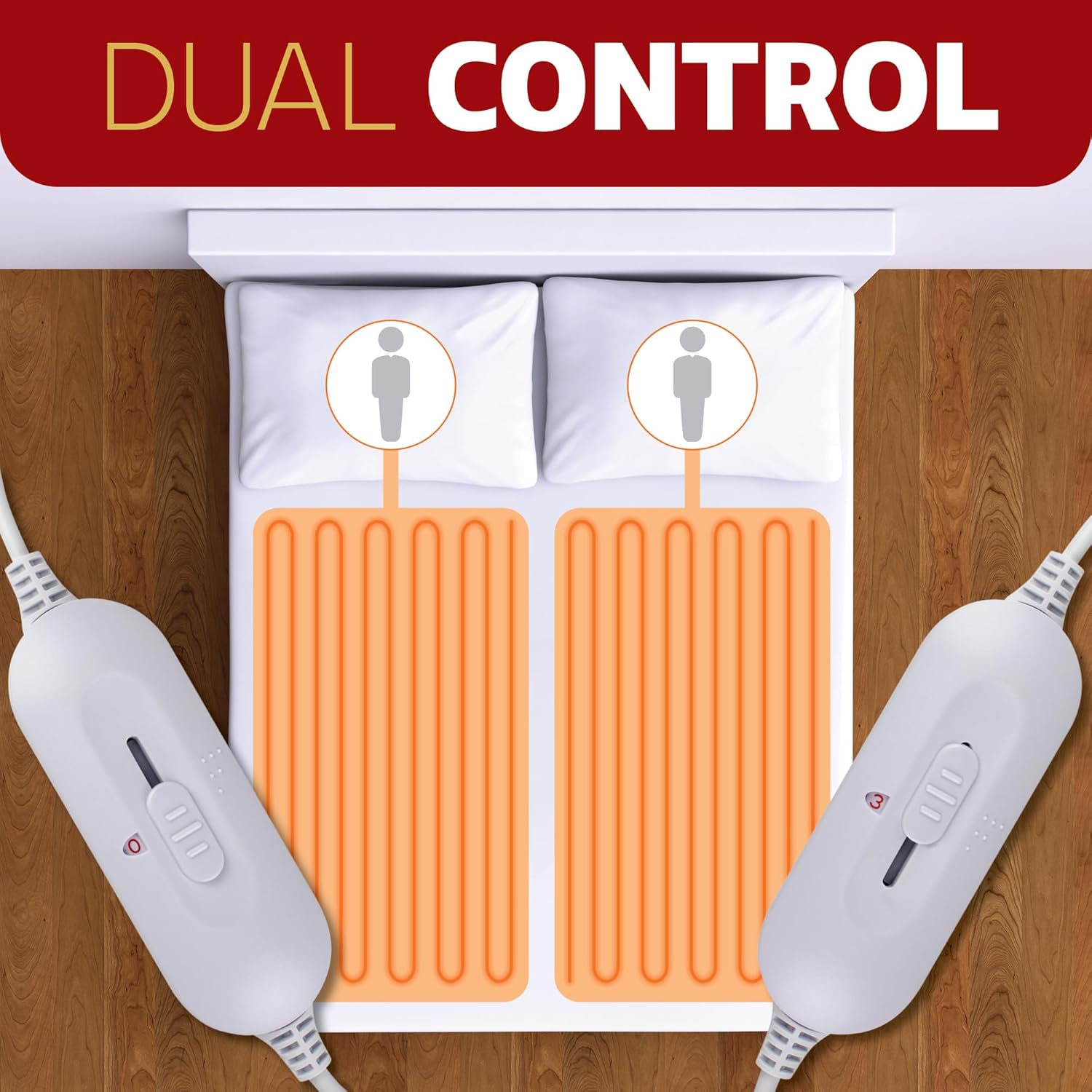 Electric heating pads with dual control handles on a wooden floor.