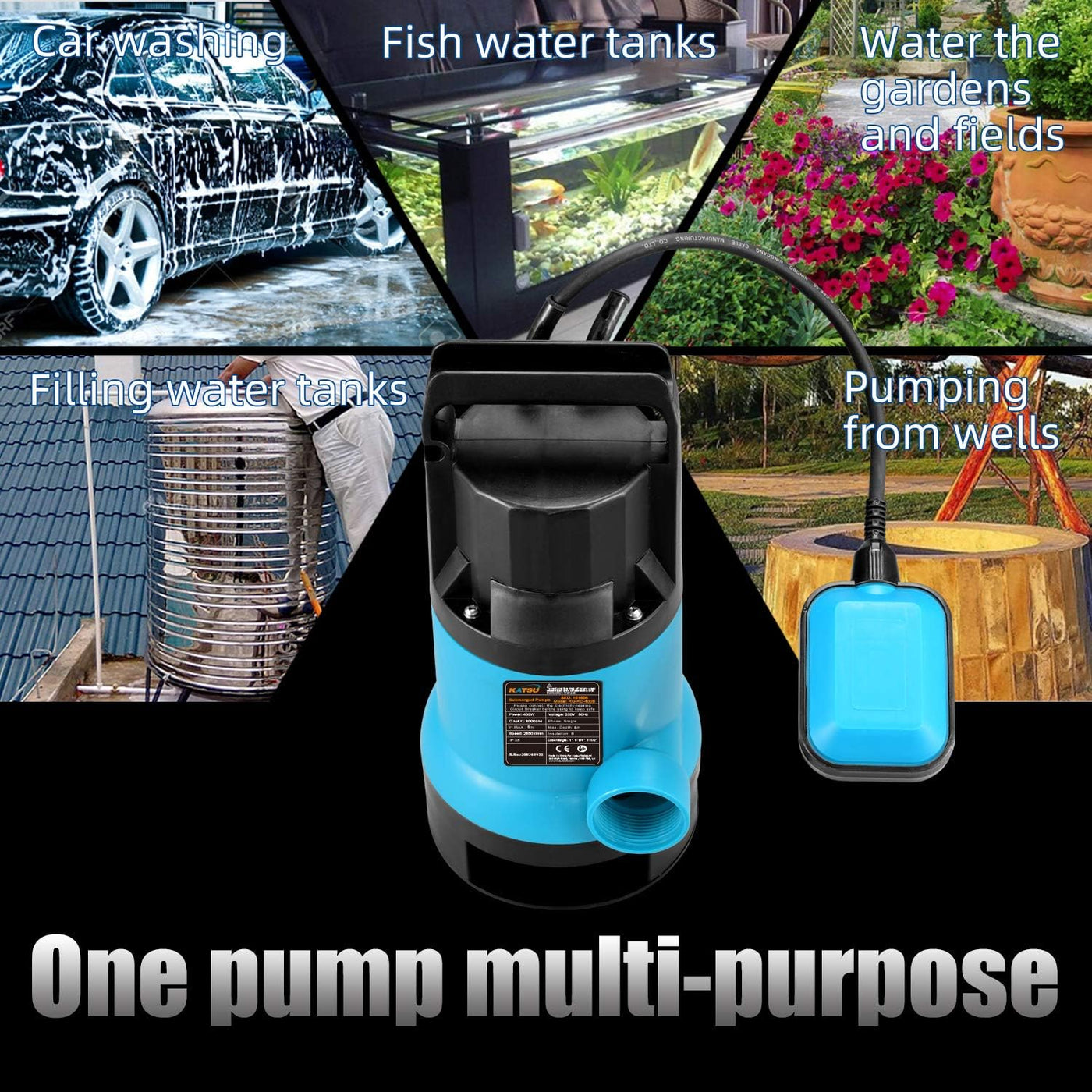 KATSU 400W Submersible Pump 8000L/h for Clean/Dirty Water 10m