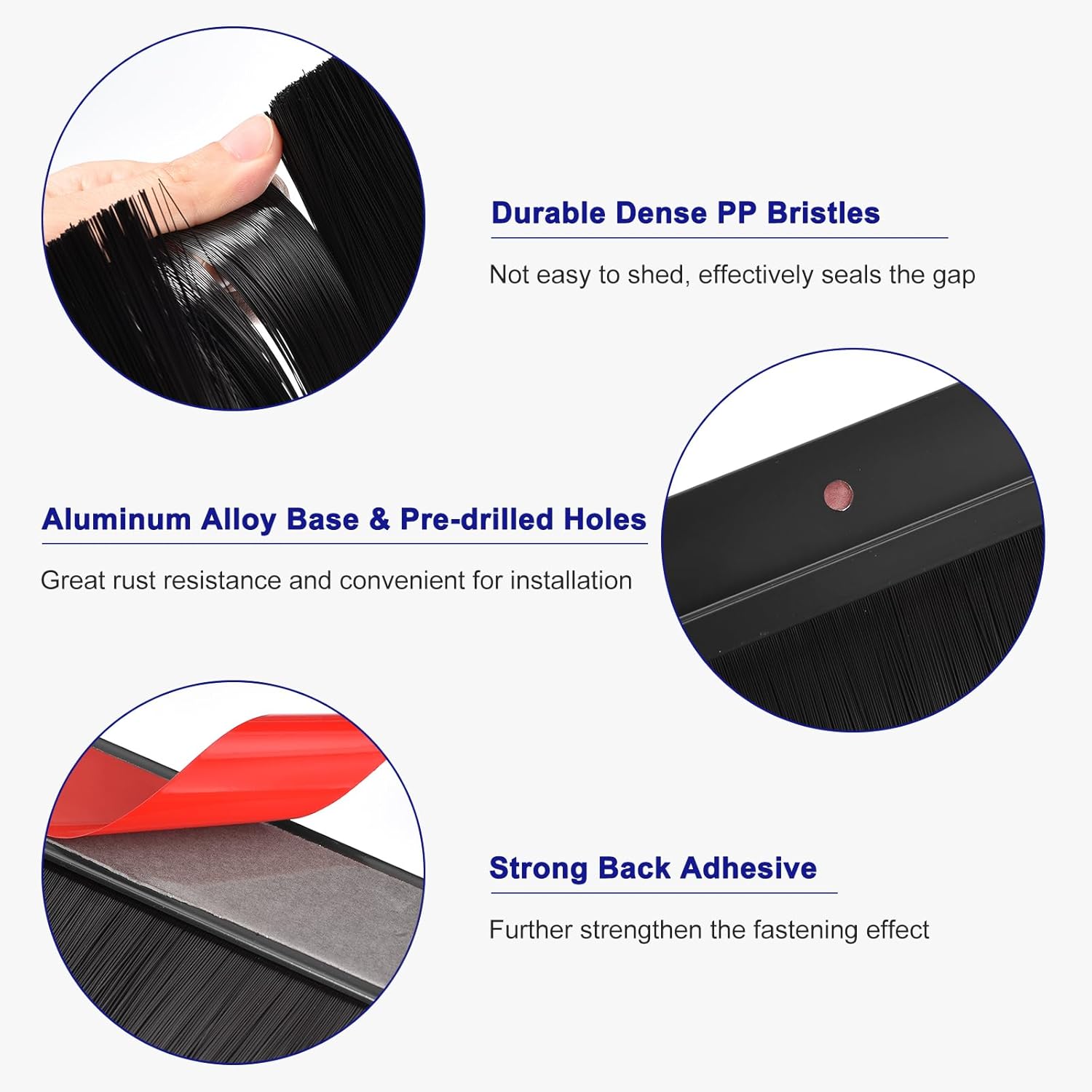 Product features including durable PP bristles, aluminum alloy base, and strong adhesive on a white background.