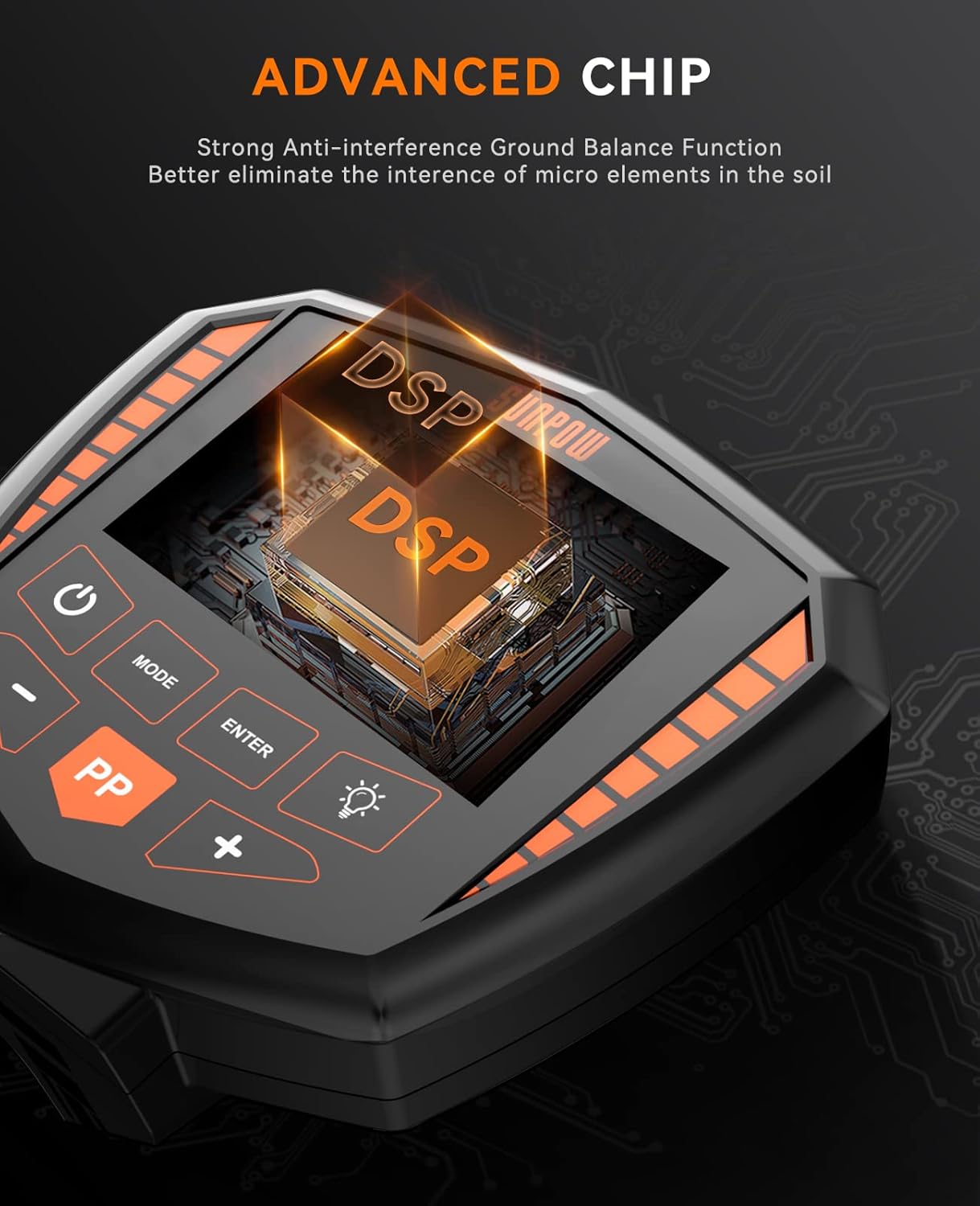 Electronic device with DSP chip on a dark background