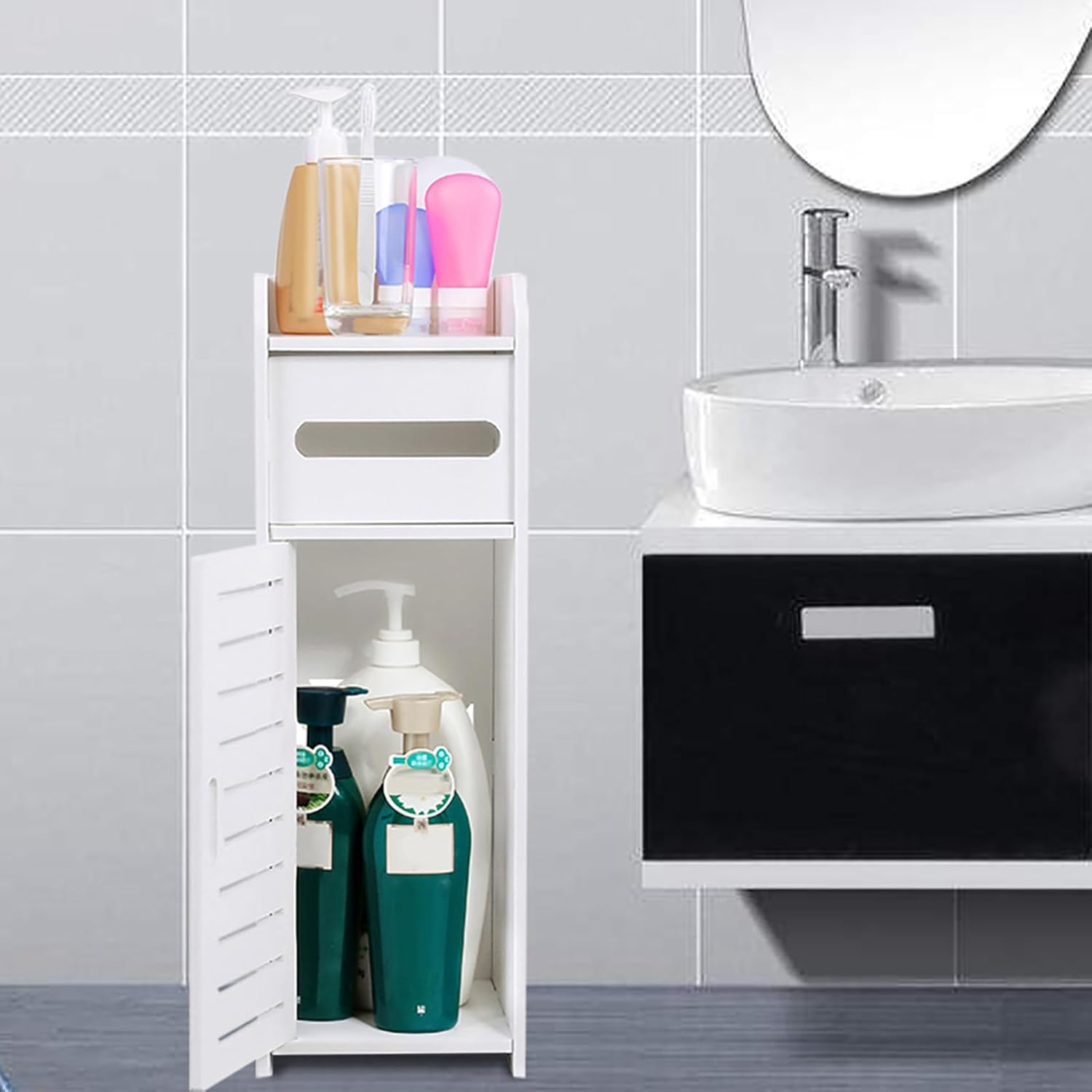 Ejoyous Small Bathroom Cabinet – 3 Tier, White, with Tissue Box Slot, 56cm