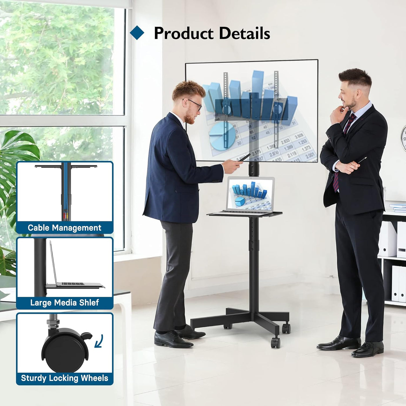 Two men in suits discussing a large screen display in an office setting, with product features highlighted.