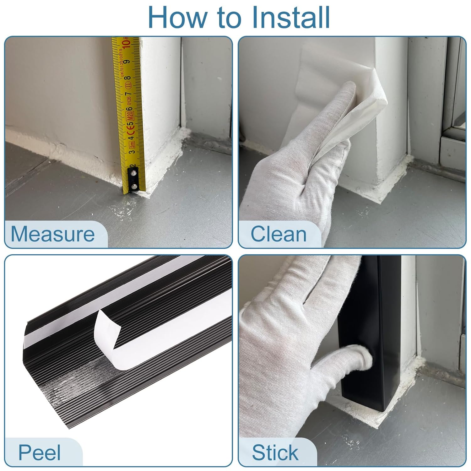 Step-by-step guide on how to install a product, including measuring, cleaning, peeling, and sticking.