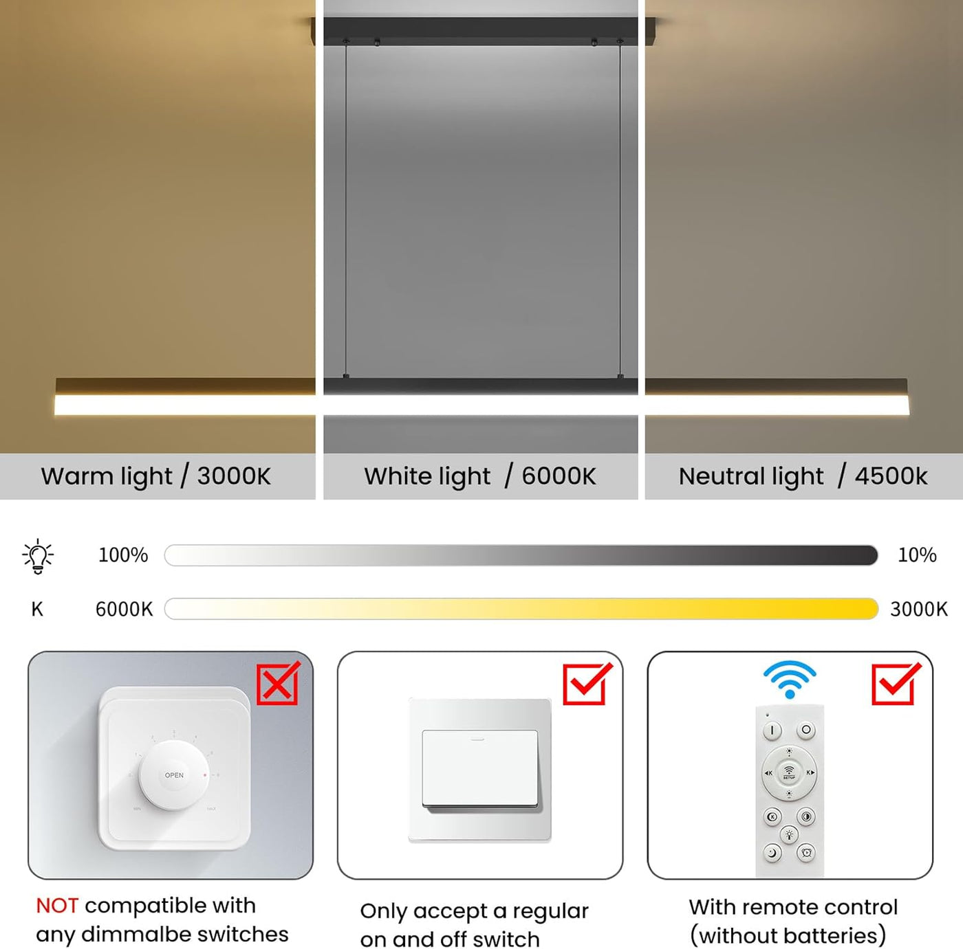 Lighting control panel with color temperature options and compatibility features.