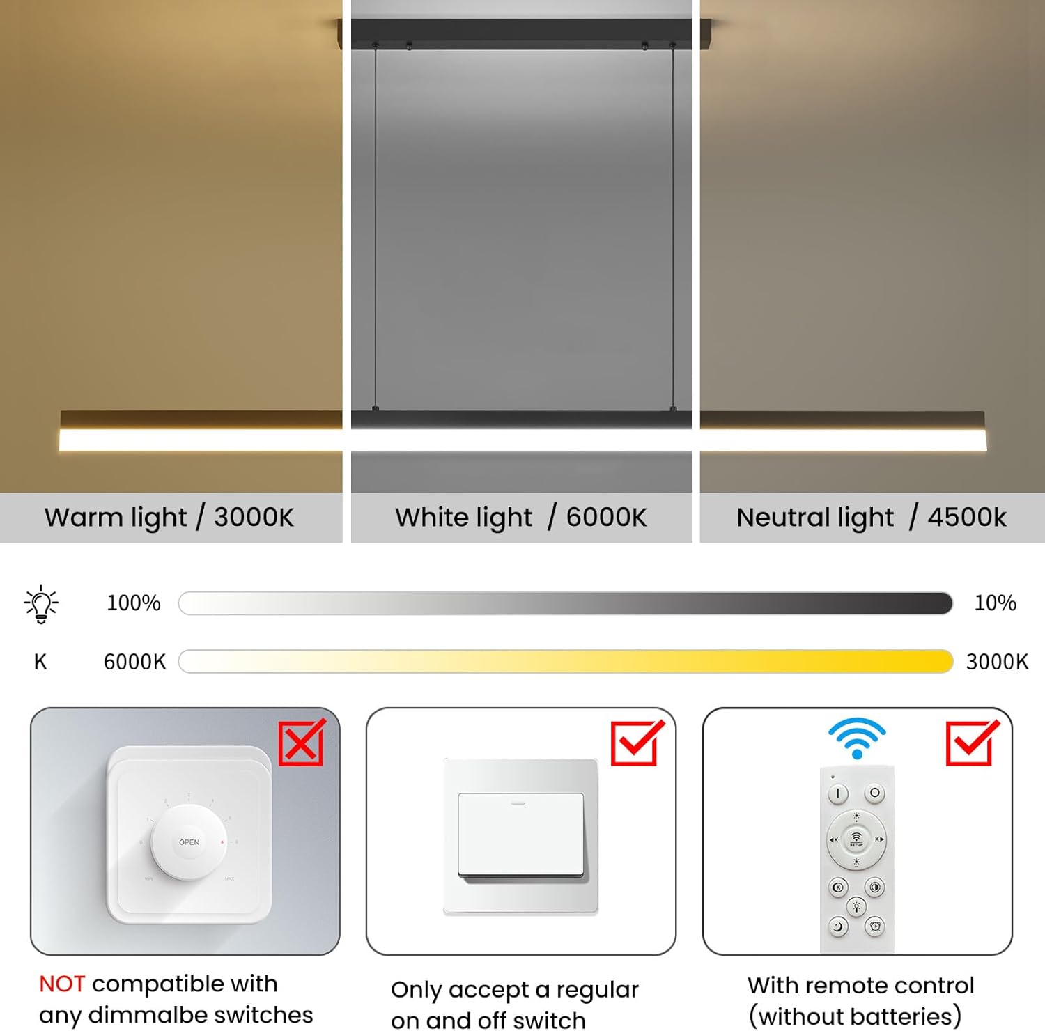 Lighting control panel with color temperature options and compatibility features.