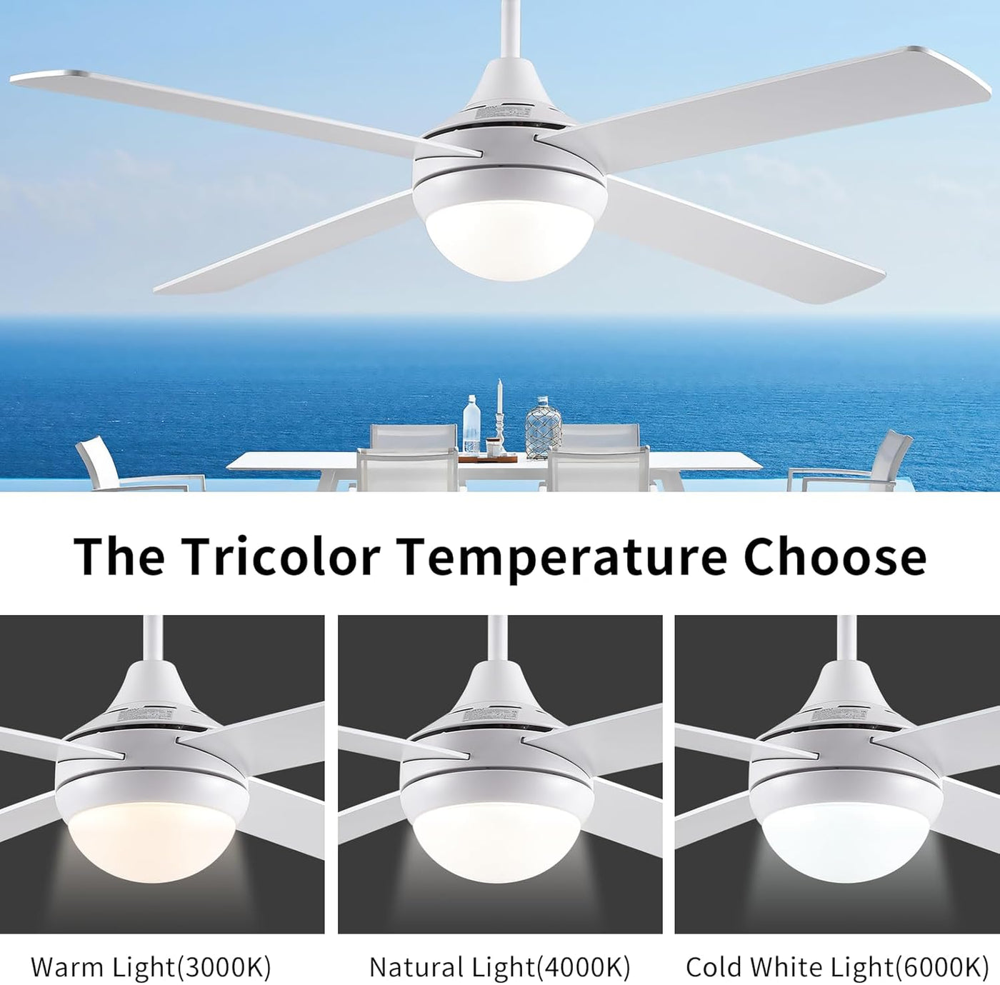 CJOY 48" White Ceiling Fan with Light & Remote, 4 Blades, Timer, 3 Speeds