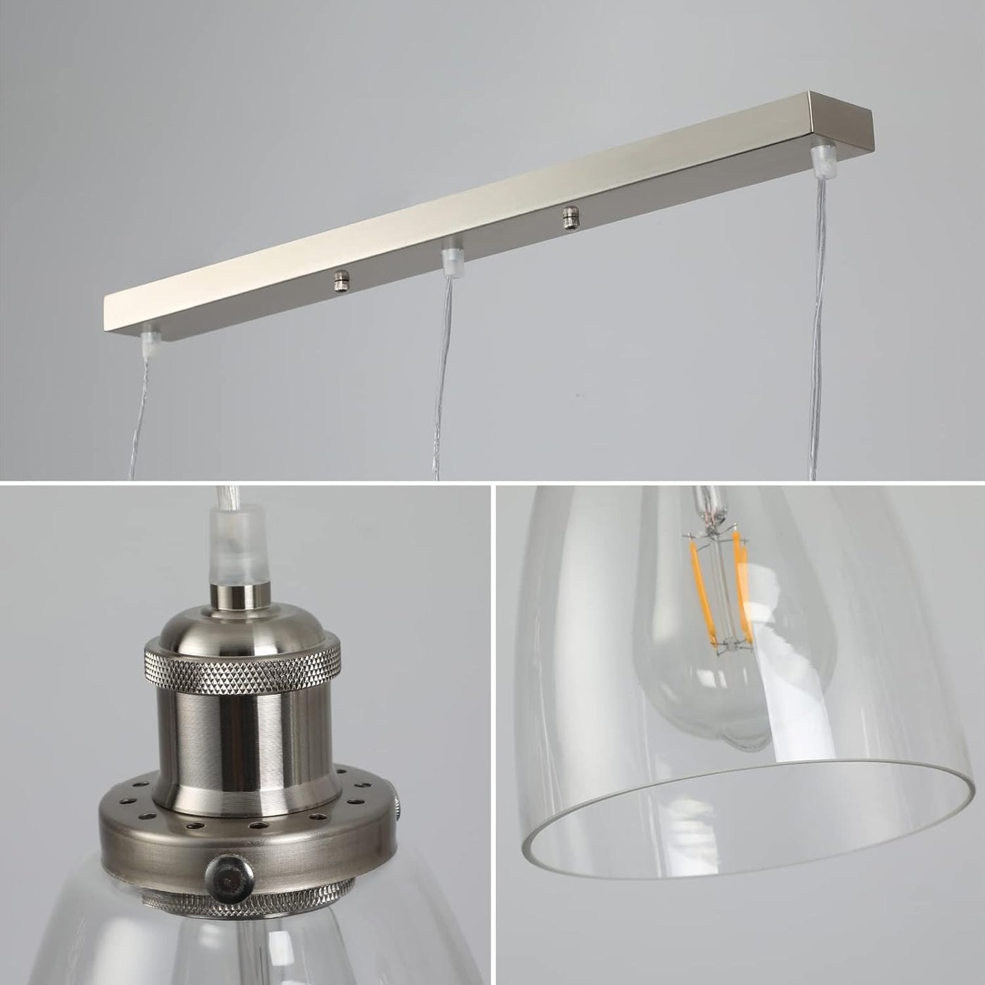 Collage of a modern pendant light with metal fixture and glass shade on a gray background.
