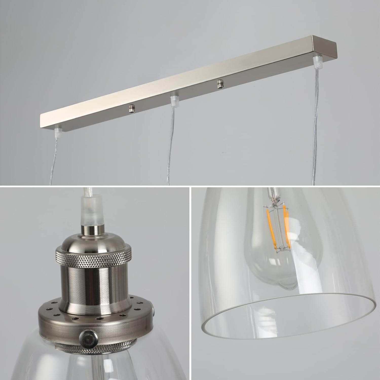 Collage of a modern pendant light with metal fixture and glass shade on a gray background.