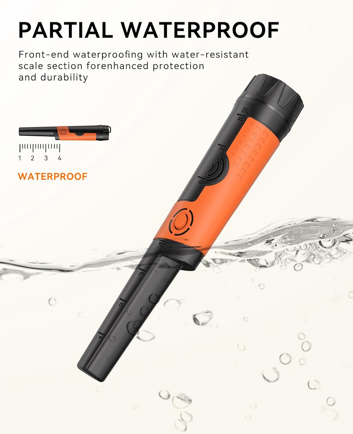 Orange and black tool with water splashes and text about partial waterproofing.