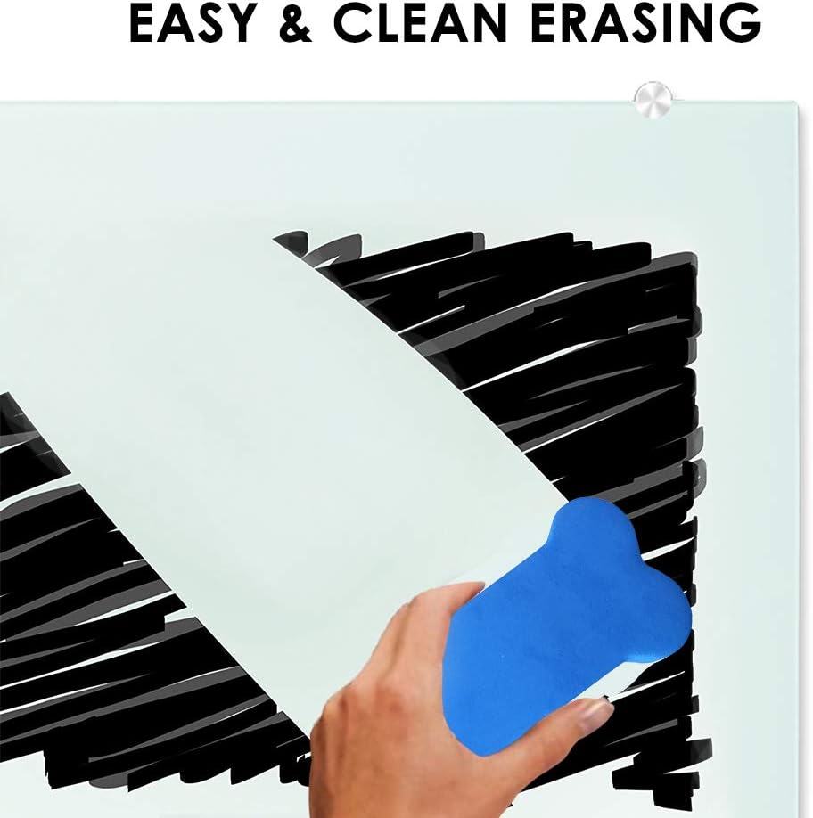 Hand using a blue eraser to clean a whiteboard with text 'EASY & CLEAN ERASING' above.