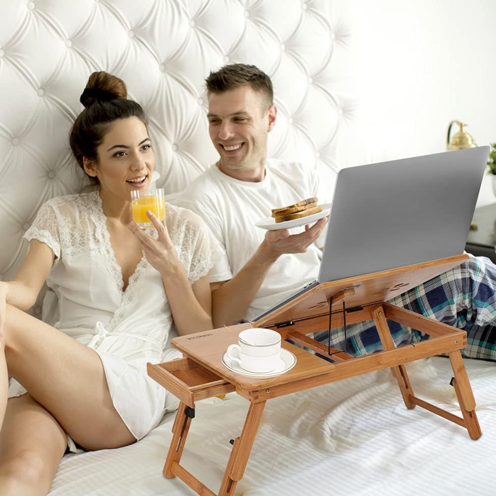 Bamboo Folding Laptop Desk – Adjustable Bed Tray with Drawer, Cup Slot & Vent