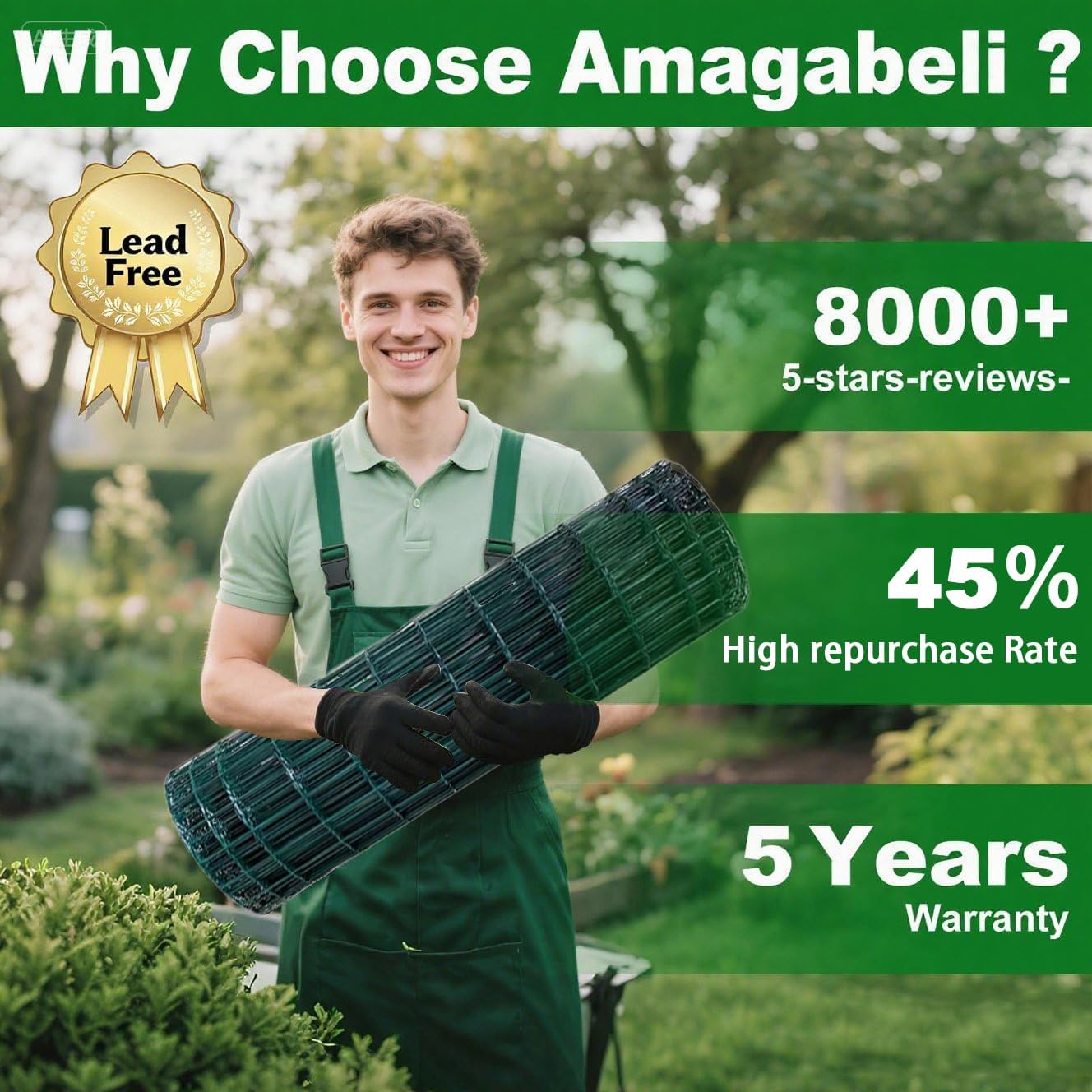 Man holding green garden product with promotional text about Amagabeli brand