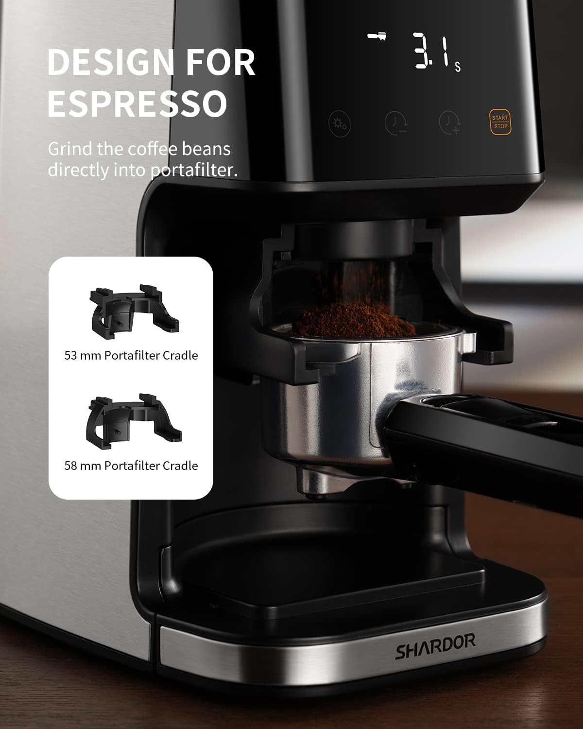 Shardor coffee grinder with digital display and portafilter cradles on a wooden surface.