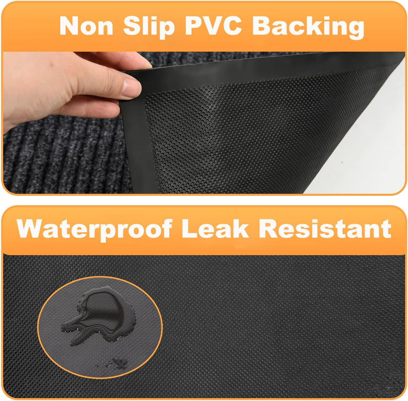 Black mat with non-slip PVC backing and waterproof leak resistance features.