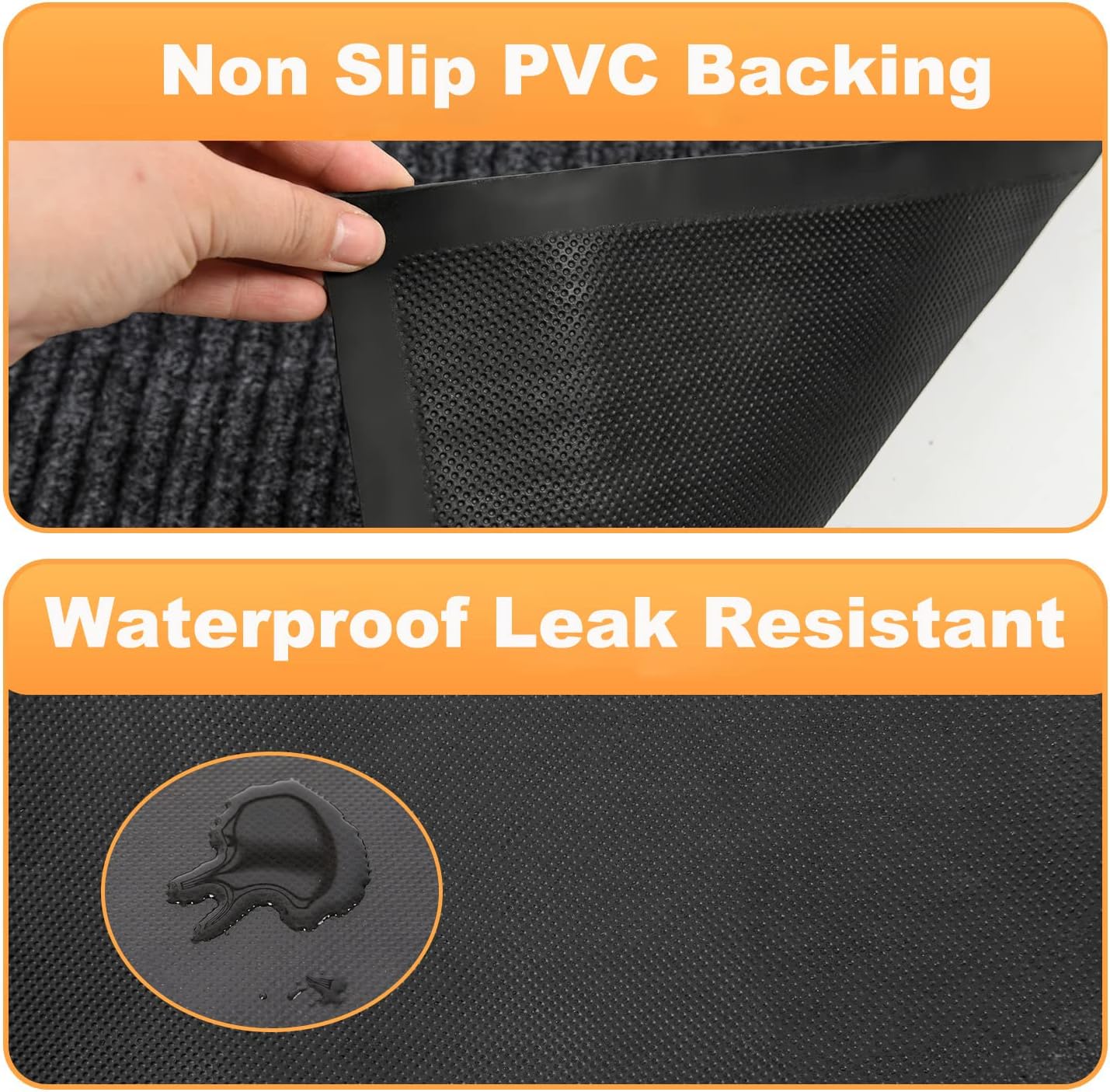 Black mat with non-slip PVC backing and waterproof leak resistance features.