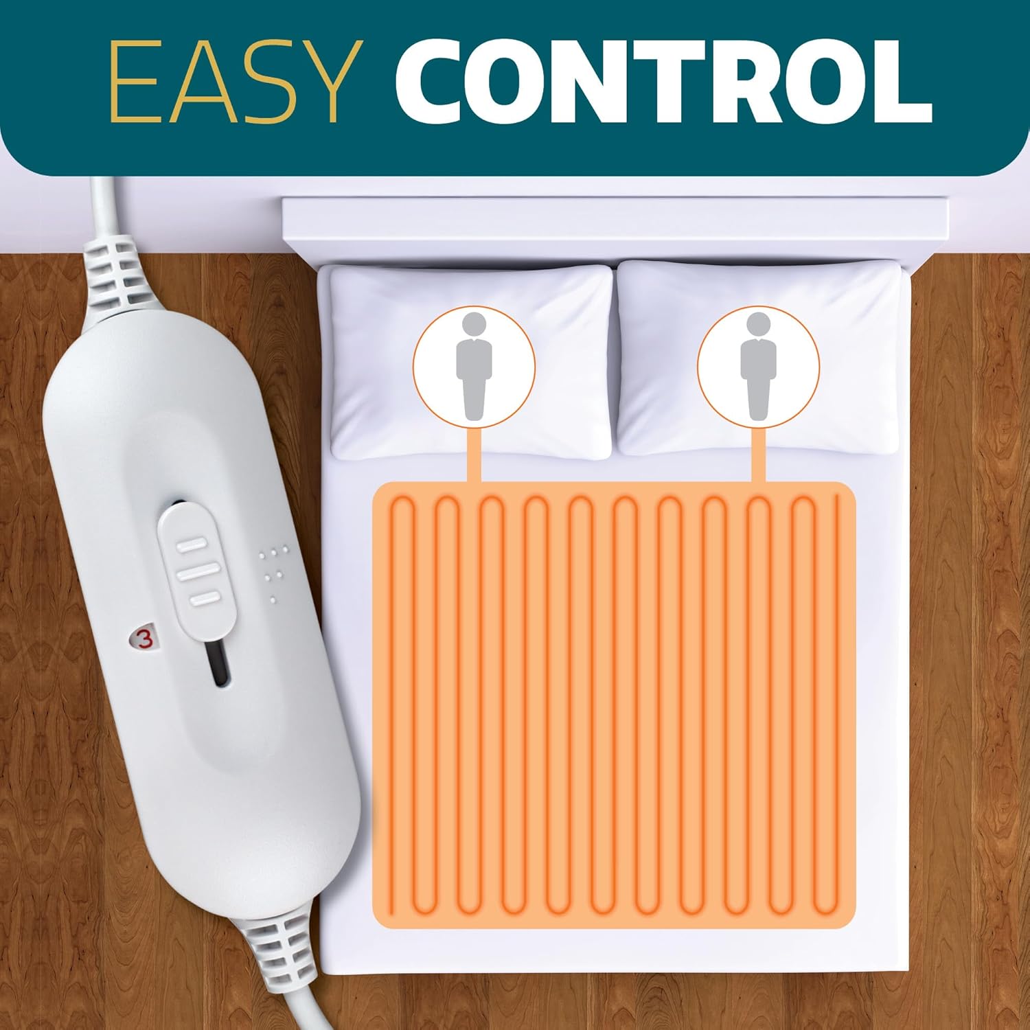Electric blanket control panel with heating element on a wooden floor.