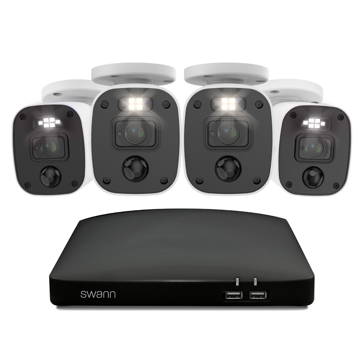 Swann security camera system with four cameras and a DVR on a white background