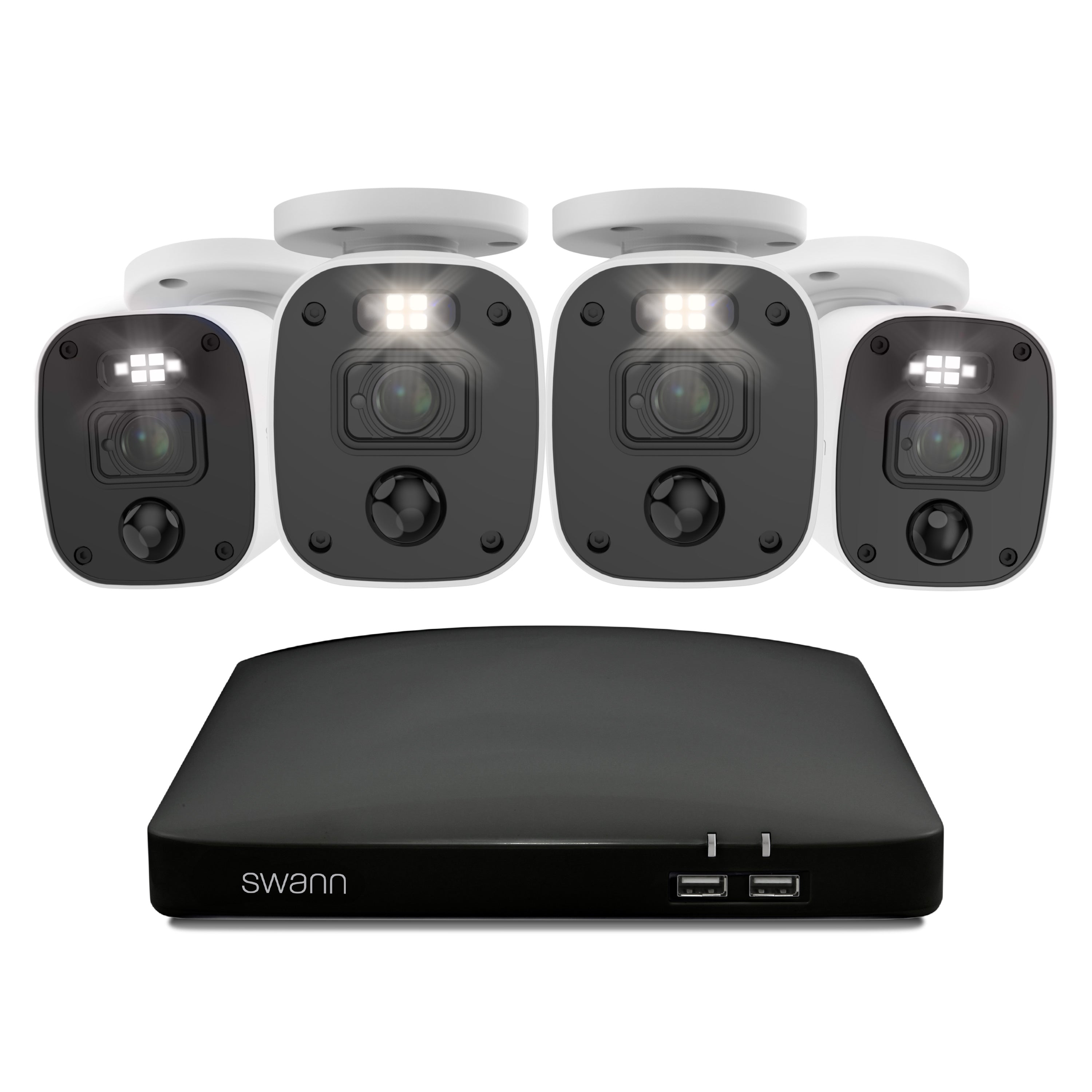 Swann security camera system with four cameras and a DVR on a white background