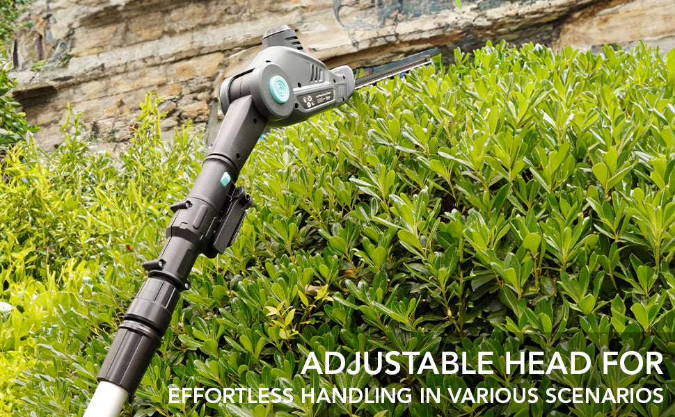 Gardening tool with adjustable head being used on a bush, with text highlighting its feature.