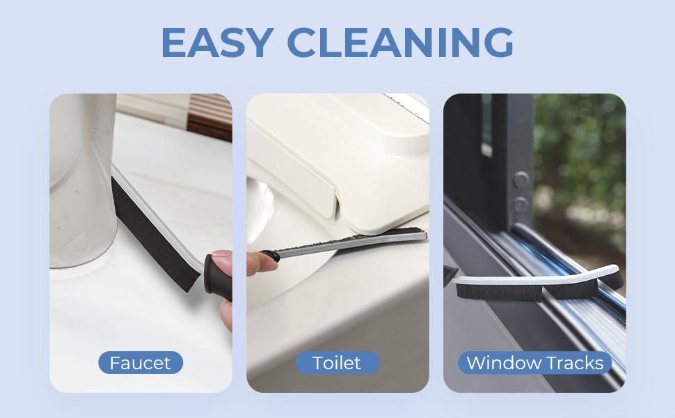 Cleaning tool being used on faucet, toilet, and window tracks with 'Easy Cleaning' text above.
