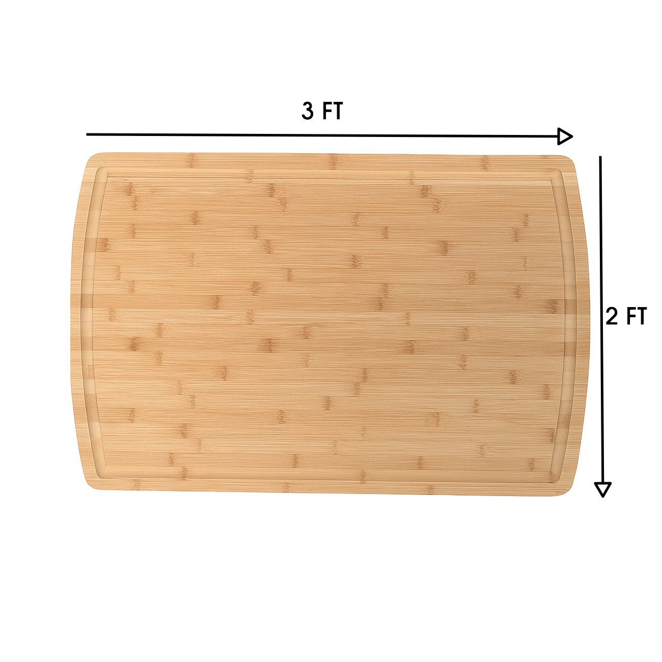 Bamboo cutting board with dimensions labeled on a white background