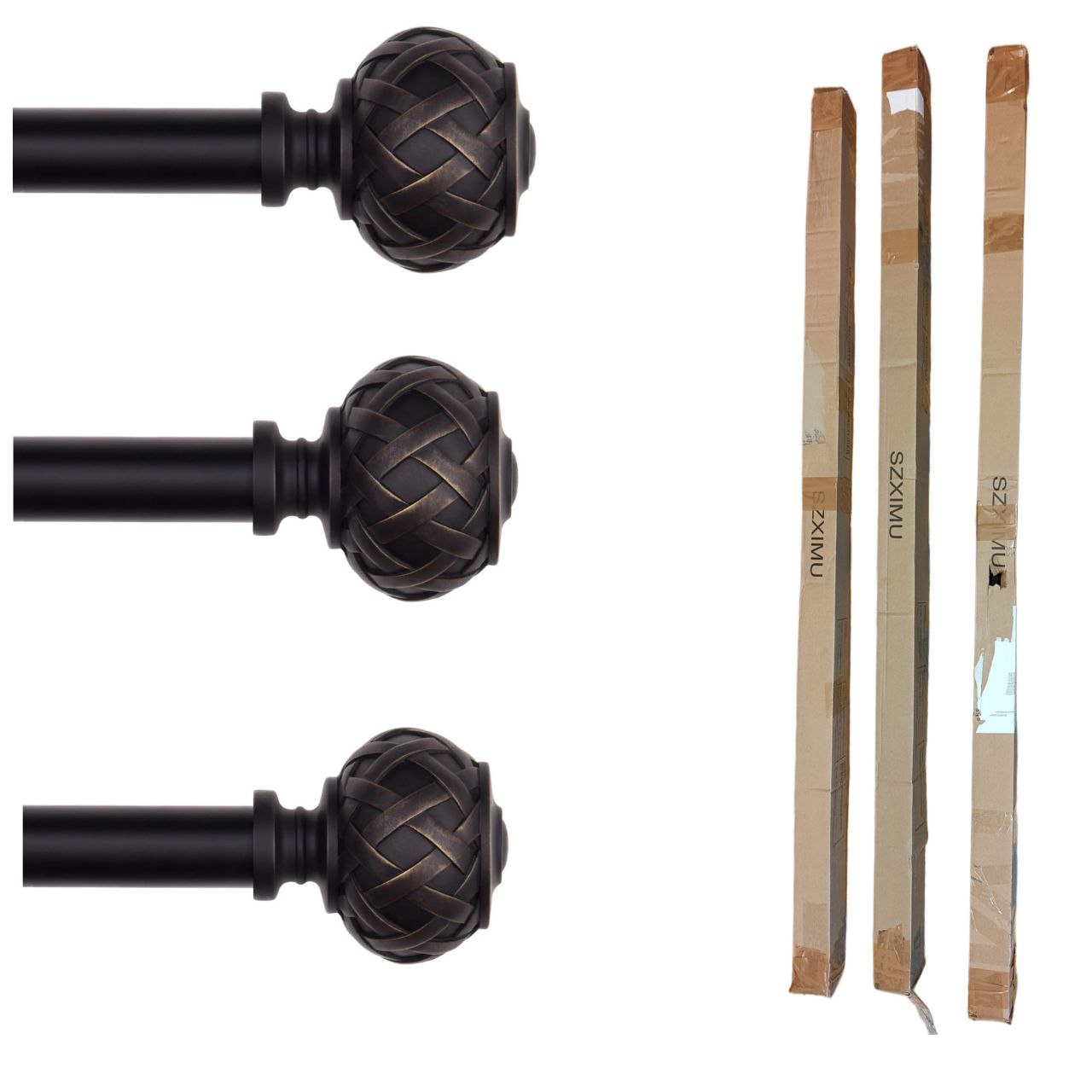3pcs SZXIMU Curtain Pole 182-365cm (72-144"), Extendable, Netted Finials, Black