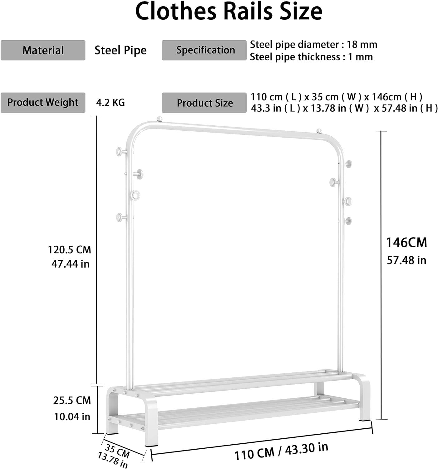 SMILOVII Metal Coat Stand Rack 146H x 110L cm, Rail for Bedroom White - Massive Discounts